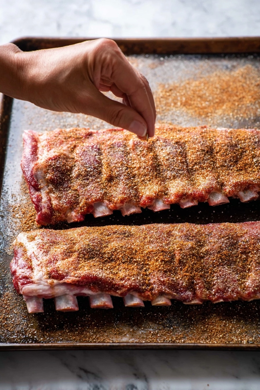 A white plate with two pieces of ribs covered in shiny, dark red barbecue sauce placed near the top right, two halves of a golden cornbread muffin on the top left, and a small pile of green beans mixed with sliced cucumber, tomato, and small white bits along the bottom center. The plate sits on a white marbled texture surface, next to a knife and fork on the left, and a beige and brown striped cloth on the right. photo taken with an iphone --ar 2:3 --v 7