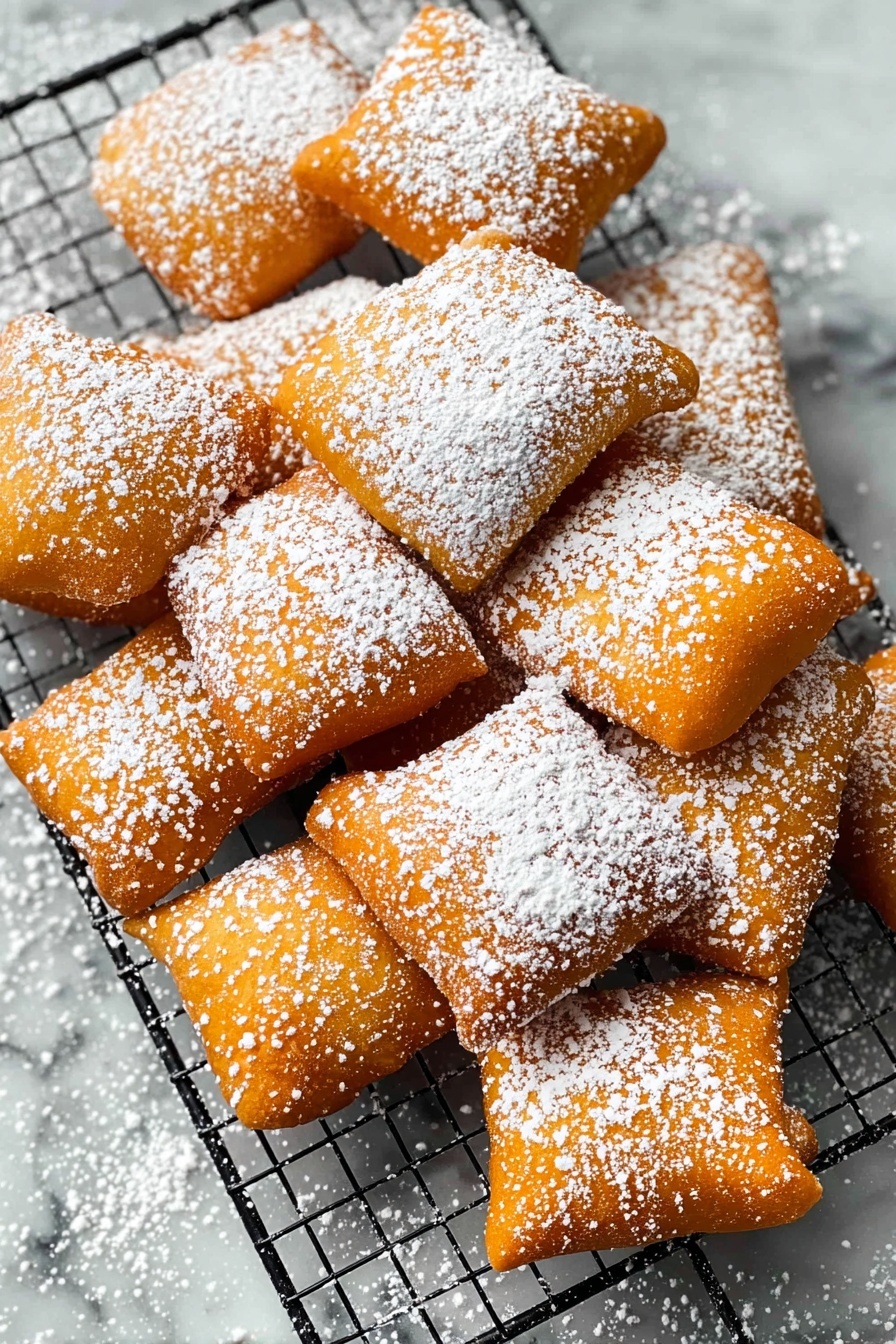 A pile of about thirty golden brown, rectangular pastries with puffed, slightly uneven surfaces sit closely packed on a black cooling rack. Each pastry is dusted with white powdered sugar, creating a light, speckled contrast on the warm orange-brown crusts. The cooling rack is placed on a white marbled surface which also has some scattered powdered sugar around it. The pastries look crisp on the outside with small air pockets in the dough. photo taken with an iphone --ar 2:3 --v 7