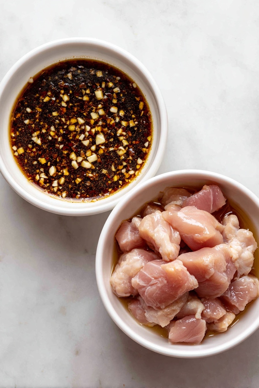 A white bowl filled with two layers: the bottom layer is plain white rice with soft, separated grains, and the top layer is many pieces of fried chicken coated in a shiny, sticky reddish-brown sauce. The chicken pieces are golden-brown under the sauce and sprinkled with toasted white sesame seeds and sliced green onions. The bowl sits on a white marbled surface. Photo taken with an iphone --ar 2:3 --v 7