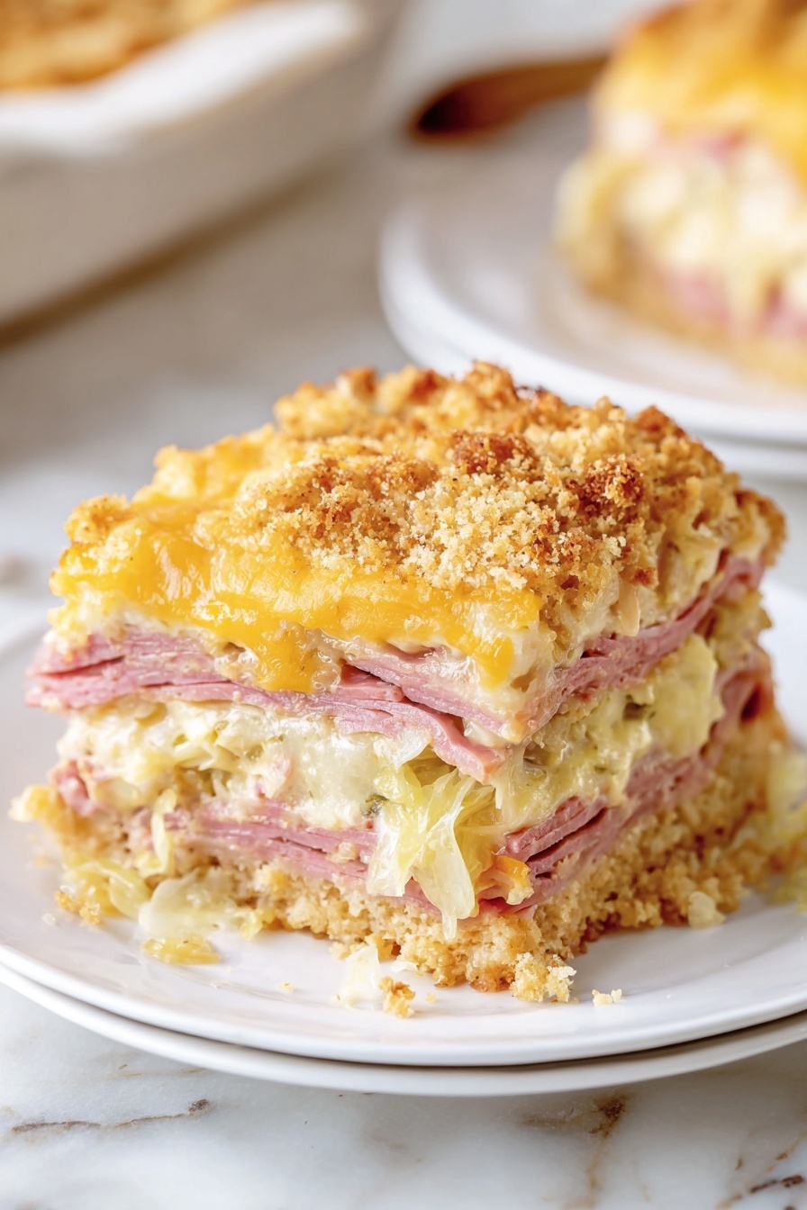 A slice of layered casserole sits on a white plate against a white marbled surface. The dish has about five layers: a light golden brown crumb crust at the bottom, followed by a thin layer of pink ham, a thick creamy layer with light yellow cheese and white cabbage or sauerkraut mixed in, another layer of pink ham, and the top covered with melted yellow cheese and a crunchy light brown crumb topping. The layers are uneven but clearly visible, showing a mix of soft and crunchy textures. In the background, there is another plate with more casserole, blurred softly. The lighting is warm and natural, highlighting the textures and colors clearly. photo taken with an iphone --ar 2:3 --v 7