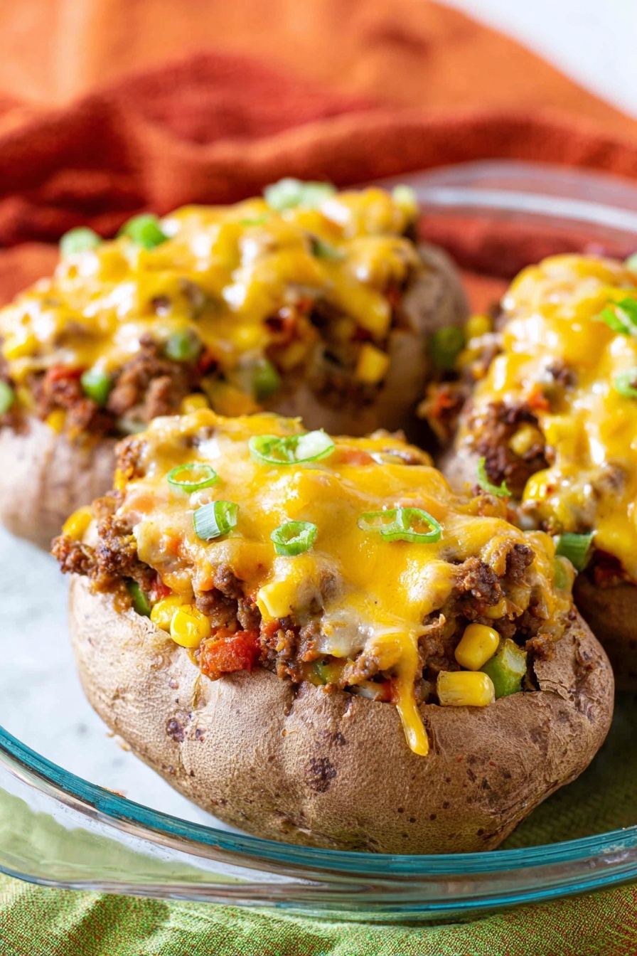 Three large baked potatoes sit in a clear glass dish on a white marbled surface. Each potato is split open and filled with layers starting from a soft, crumbly brown skin base. On top, a mix of cooked ground meat, yellow corn, green bell pepper pieces, and small diced tomatoes create a chunky, colorful blend. This is covered by a thick layer of melted bright yellow cheddar cheese that drips slightly over the edges. The background shows soft orange and green cloths adding warm tones. Photo taken with an iphone --ar 2:3 --v 7