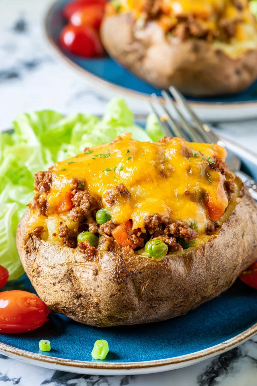 Two baked potatoes are placed side by side on a white plate with a white marbled texture underneath. Each potato is open in the middle showing a soft, pale inside. On top of the potato inside, there is a layer of dark brown chili or meat sauce with a chunky texture. The top layer is a thick pile of shredded bright orange-yellow cheese that covers the chili completely. The edges of the potatoes show a slightly rough brown skin. A woman's hand is holding the white plate at the edge. photo taken with an iphone --ar 2:3 --v 7