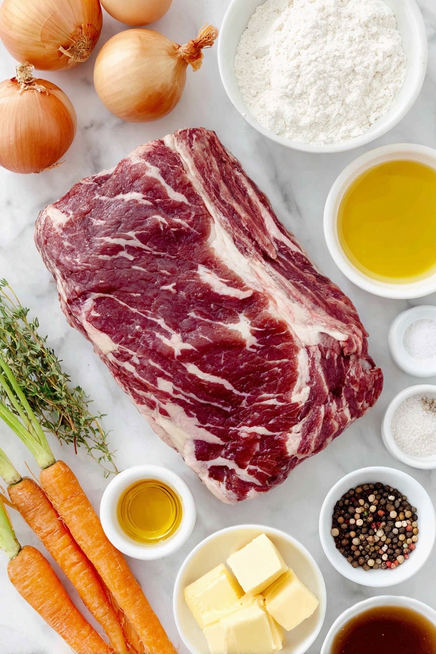 Flat lay of a thick cut of raw stewing steak, two whole uncracked brown eggs, two fresh onions with papery skins partially peeled back, two bright orange carrots with green tops trimmed, a small pile of plain white flour, a few fresh bay leaves, a small white ceramic bowl of golden olive oil, a small white ceramic bowl of pale amber ale, a small white ceramic bowl of rich brown beef stock, a small white ceramic bowl of dark Worcestershire sauce, a small pile of cubed cold unsalted butter, a small bowl of coarse salt, a small bowl of whole black peppercorns, and a sprinkle of dried thyme, all neatly arranged with perfect symmetry on a simple white ceramic plate and bowls, placed on a clean white marble surface, soft natural light, photo taken with an iPhone, professional food photography style, fresh ingredients, white ceramic bowls, no bottles, no duplicates, no utensils, no packaging --ar 2:3 --v 7 --p m7354615311229779997