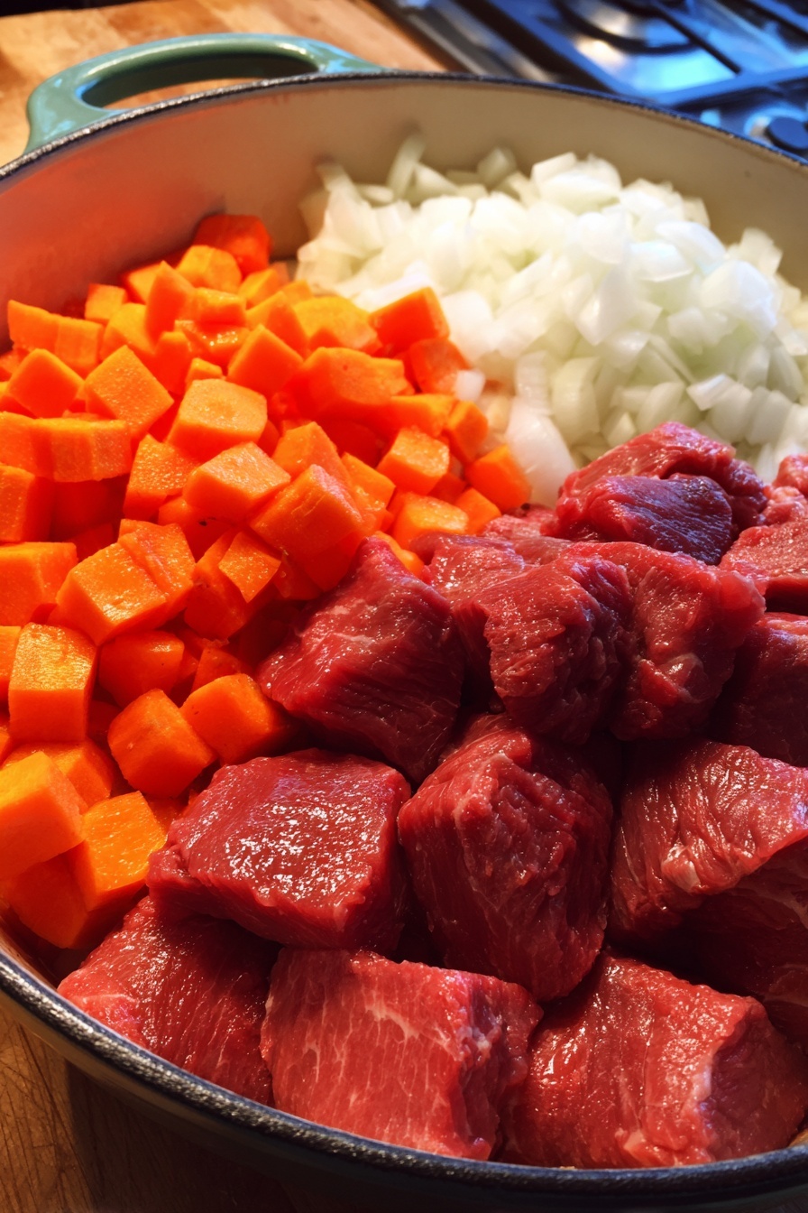 The image shows a white plate with three main parts: a slice of golden brown meat pie with a flaky crust on the right side, a portion of creamy yellow mashed potatoes at the back, and a small fresh salad on the left with green leaves, thin orange carrot strips, and light pink radish slices. A woman's hand holds a fork in the front that lifts a piece of tender brown meat with small bits of carrot from the pie filling. The plate is on a wooden table with a blurred background including a bowl of salad and a bowl of mashed potatoes. photo taken with an iphone --ar 2:3 --v 7