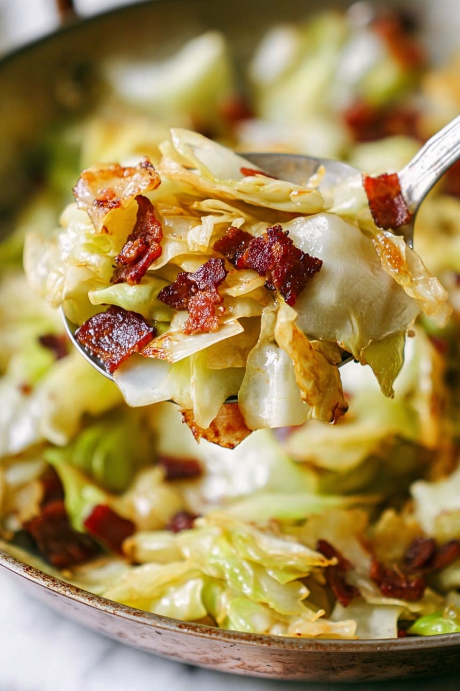 A metal pan on a white marbled surface is filled with cooked chopped cabbage forming the bottom layer, showing soft, pale green and light yellow pieces with a slightly oily texture. On top, there is a middle layer of darker brown cooked small bacon pieces clustered in the center. Silver tongs rest on the pan with their tips touching the bacon and cabbage, indicating the act of mixing. The pan and food have warm tones with a mix of glossy and matte textures. Photo taken with an iphone --ar 2:3 --v 7