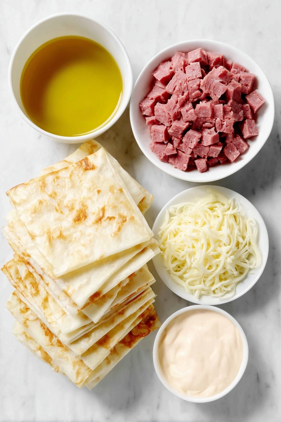 Flat lay of a neat stack of thin, square egg roll wrappers, a small pile of diced pinkish corned beef pieces, a small heap of shredded pale yellow Swiss cheese, a small mound of light beige sauerkraut strands, a small white ceramic bowl filled with glossy golden cooking oil, and a small white bowl containing creamy pale pink Thousand Island dressing, all elements fresh and natural, arranged symmetrically with perfect proportions, placed on a clean white marble surface, soft natural light, photo taken with an iPhone, professional food photography style, fresh ingredients, white ceramic bowls, no bottles, no duplicates, no utensils, no packaging --ar 2:3 --v 7 --p m7354615311229779997