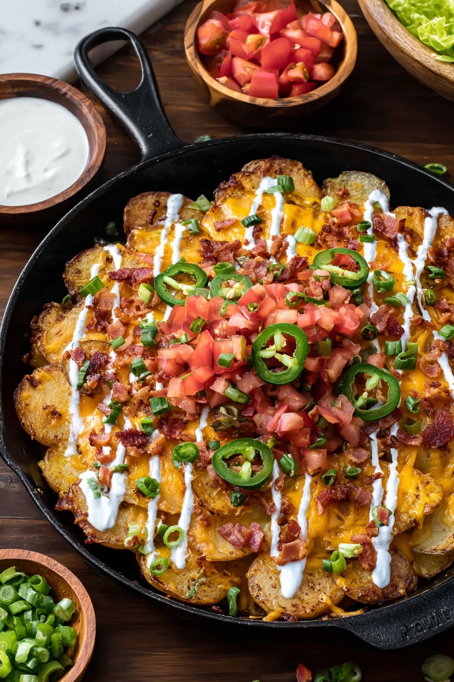 A black cast iron pan holds a dish with three main layers: the bottom layer is golden-brown crispy potato rounds, the middle layer is melted orange cheddar cheese covering the potatoes unevenly, and the top layer is a mix of fresh diced red tomatoes, small bits of crispy bacon, thinly sliced green spring onions, and several green jalapeño rings scattered around. The whole dish is drizzled with thick white sour cream in diagonal lines across the top. The pan sits on a dark wooden table with small wooden bowls of diced tomatoes, green spring onions, and lettuce around it. The background is a white marbled surface. photo taken with an iphone --ar 2:3 --v 7