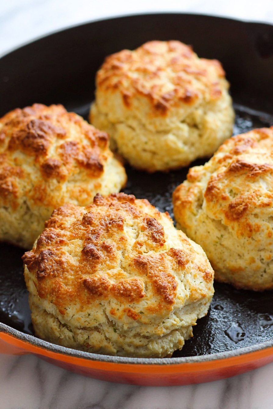 The image shows four fluffy, round biscuits with a golden-brown crust on top and light beige, slightly rough textured sides. The biscuits have a craggy surface with browned spots, indicating they are baked well with a crispy top layer. They sit inside a black cast iron skillet that has an orange rim, placed on a white marbled surface. The biscuits are close to each other, filling most of the skillet but also showing some shiny, oily spots inside the skillet around them. photo taken with an iphone --ar 2:3 --v 7