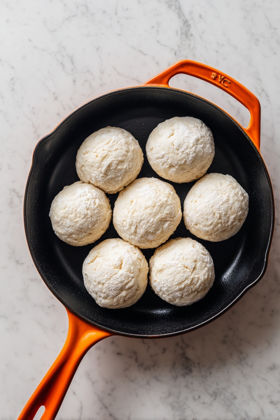 A woman's hand is breaking open a golden brown biscuit, showing its soft, fluffy inside with a slightly crumbly texture. Underneath, there is a round tray lined with light brown parchment paper holding three more biscuits that have a browned, crispy top with small browned spots. Next to the biscuits on the tray, there is a butter knife with some white butter on its blade. The scene is set on a white marbled surface. photo taken with an iphone --ar 2:3 --v 7