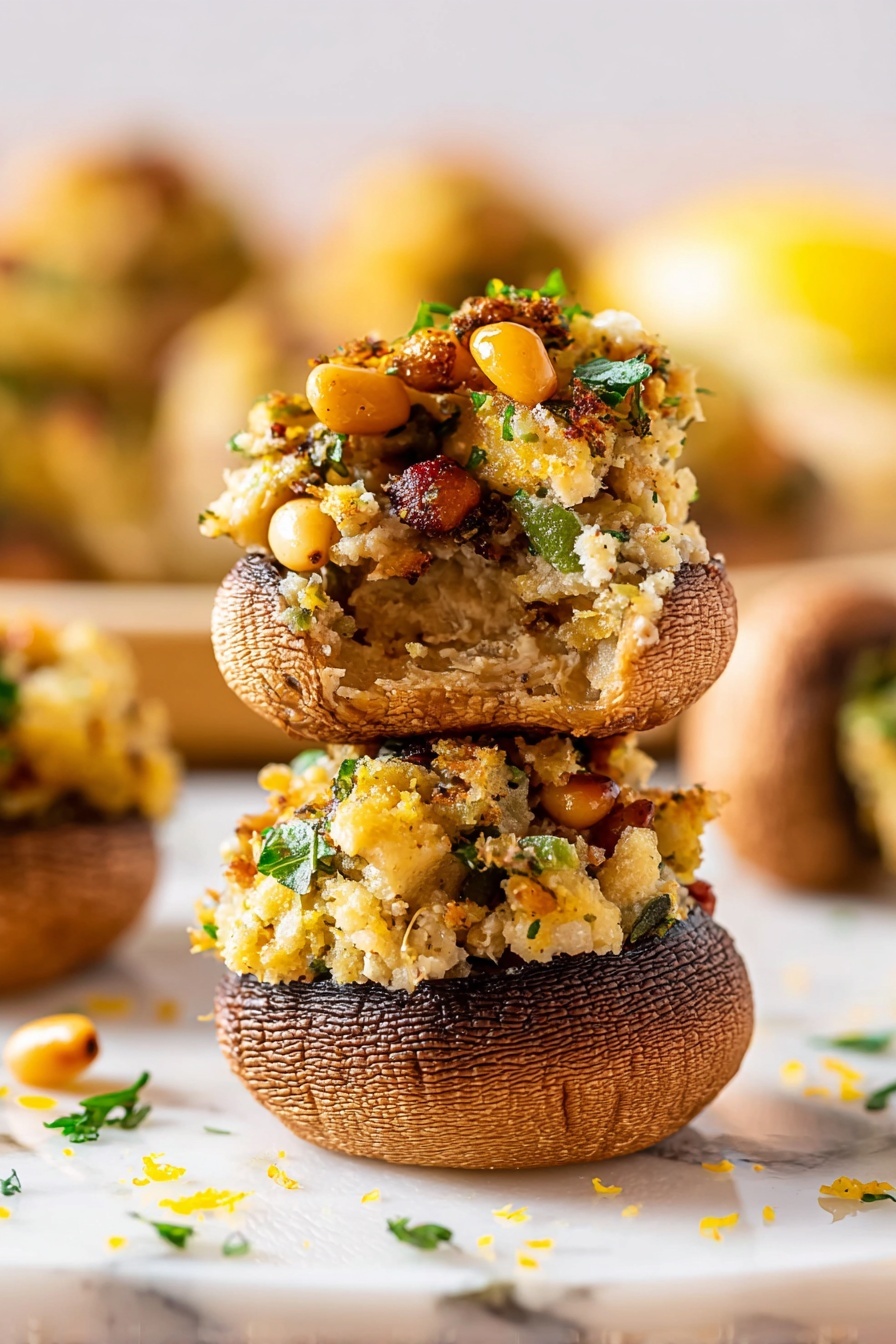 A close-up of six stuffed mushrooms arranged in a white round plate with a white marbled surface underneath. Each mushroom has a dark brown, wrinkled base with a large, rough textured stuffing on top that is light beige with pieces of white beans and green herbs scattered throughout. One mushroom is being lifted by a wooden spatula held by a woman's hand, showing its three-dimensional shape. The stuffing appears crumbly with a hint of yellow zest and finely chopped green herbs on top, giving a fresh and colorful contrast to the dark mushroom caps. Photo taken with an iphone --ar 2:3 --v 7