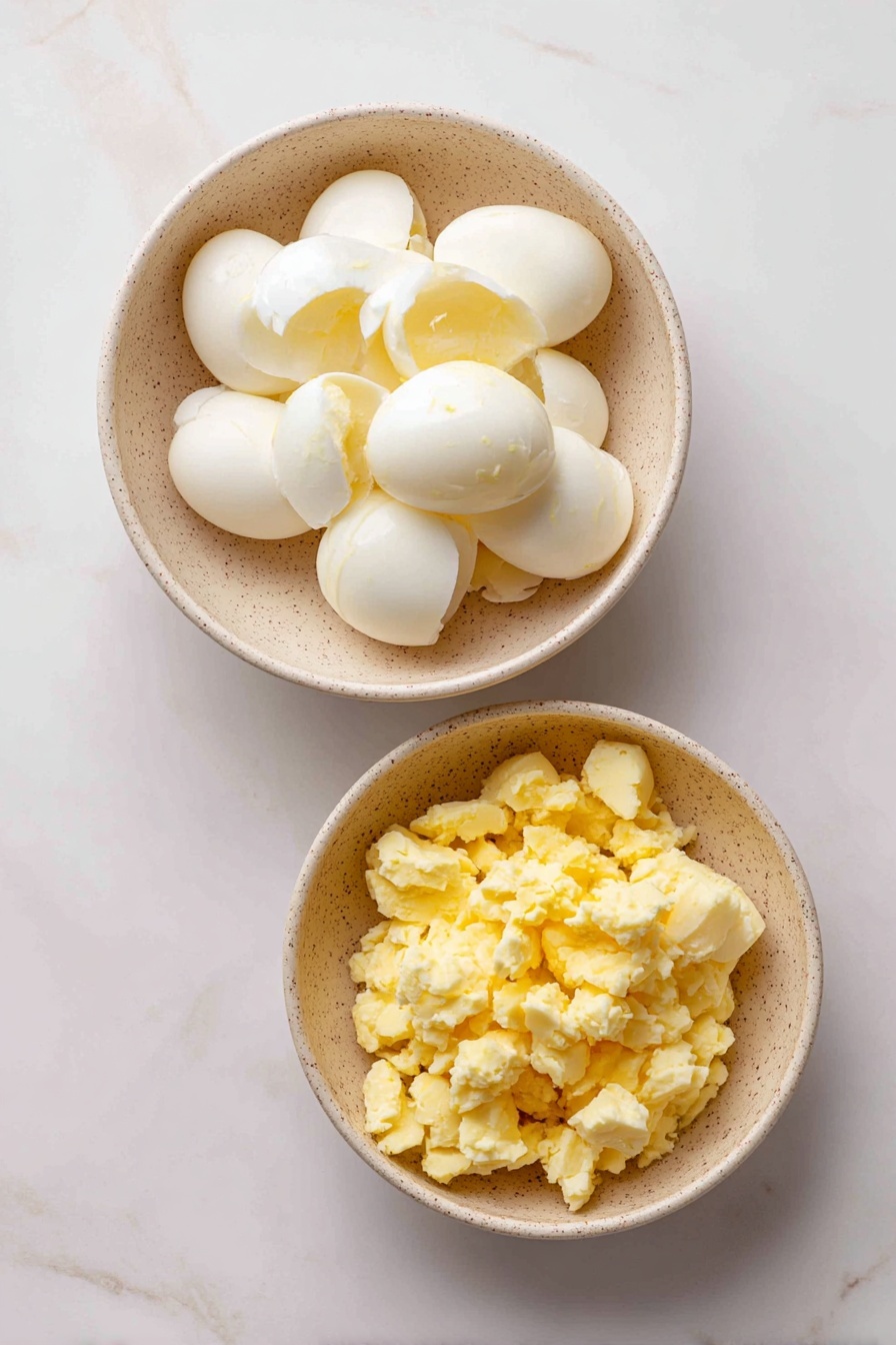 A close-up shows a woman's hand holding one halved hard-boiled egg with a smooth white outer layer and a creamy yellow filling mixed with small bits of brown and orange. The egg is topped with tiny red pieces and a small bright green cilantro leaf. In the blurry background, many more eggs arranged on a white plate, each with similar fillings and garnishes. The setting rests on a white marbled surface. Photo taken with an iphone --ar 2:3 --v 7