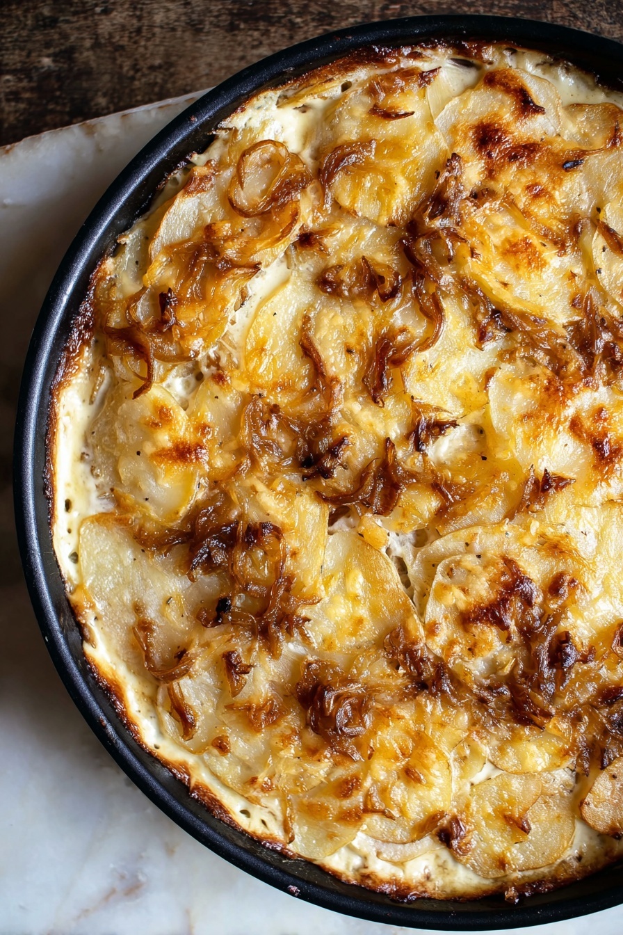 A round dish in a black pan filled with a creamy baked casserole topped with a golden brown melted cheese layer mixed with caramelized brown onions spread unevenly across the surface. Thin, light beige potato slices are visible under the cheese and onions in some spots, creating a textured top layer with slightly crispy edges. The dish sits on a rustic white marbled surface. Photo taken with an iphone --ar 2:3 --v 7
