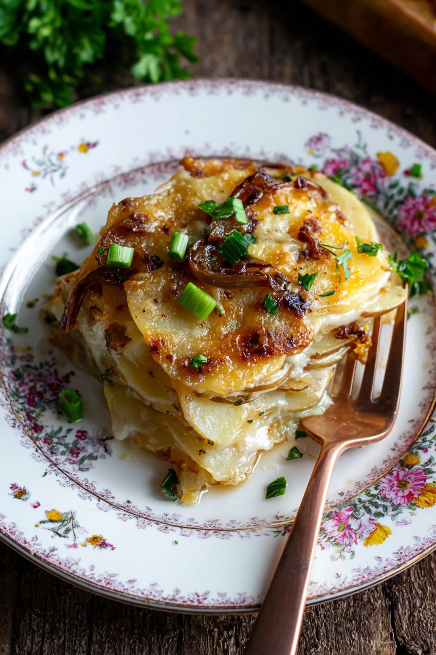 The image shows a black pan filled with one main layer of thin, round potato slices that almost cover the whole pan. The potato slices are pale cream colored with light brown edges, and they are lightly sprinkled with coarse salt, giving a bit of sparkle on top. Underneath the potatoes, there is a hint of a warm, cooked filling, possibly caramelized onions or a similar ingredient, seen through small gaps between the slices. The pan sits on a dark wooden surface, which should be imagined as a white marbled texture. photo taken with an iphone --ar 2:3 --v 7