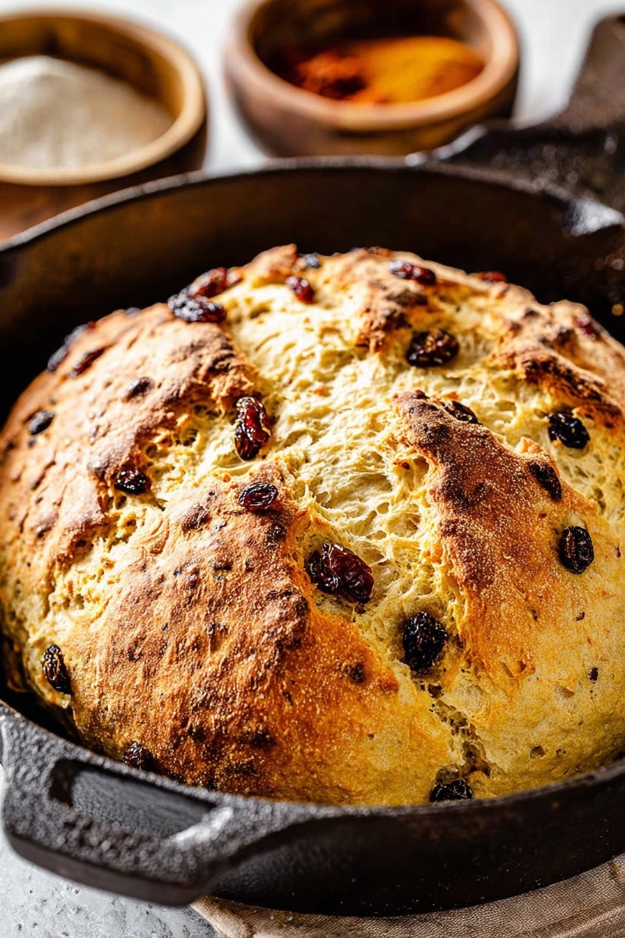 A round, golden-brown loaf of bread with a cracked top sits in a black cast iron pan, showing its soft, light inside. The bread has visible dark raisins spread evenly on the surface, giving texture and color contrast. The bread crust looks slightly cracked and crispy, with a mix of light tan and deeper golden shades. The pan is on a white marbled surface, with blurred bowls containing spices in the background. Photo taken with an iphone --ar 2:3 --v 7