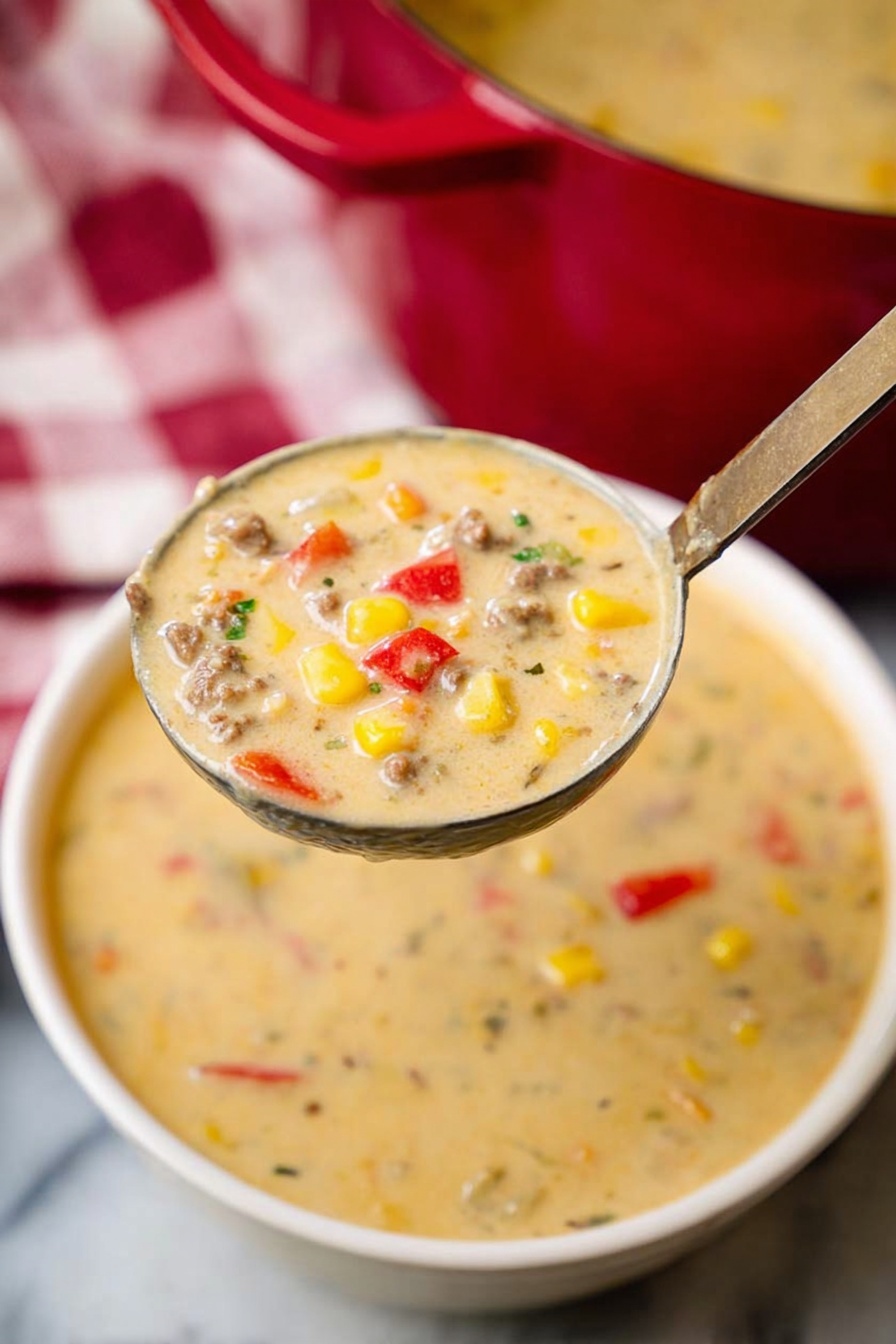The image shows a close-up of a ladle full of creamy soup with small pieces of red bell pepper, yellow corn, and small bits of meat floating in it. Below, a white bowl is filled with the same soup, slightly blurred to keep focus on the ladle. In the background, part of a red pot and a white checkered cloth can be seen on a white marbled surface. The soup has a smooth and thick texture, cream-colored with colorful vegetable bits evenly spread throughout. photo taken with an iphone --ar 2:3 --v 7