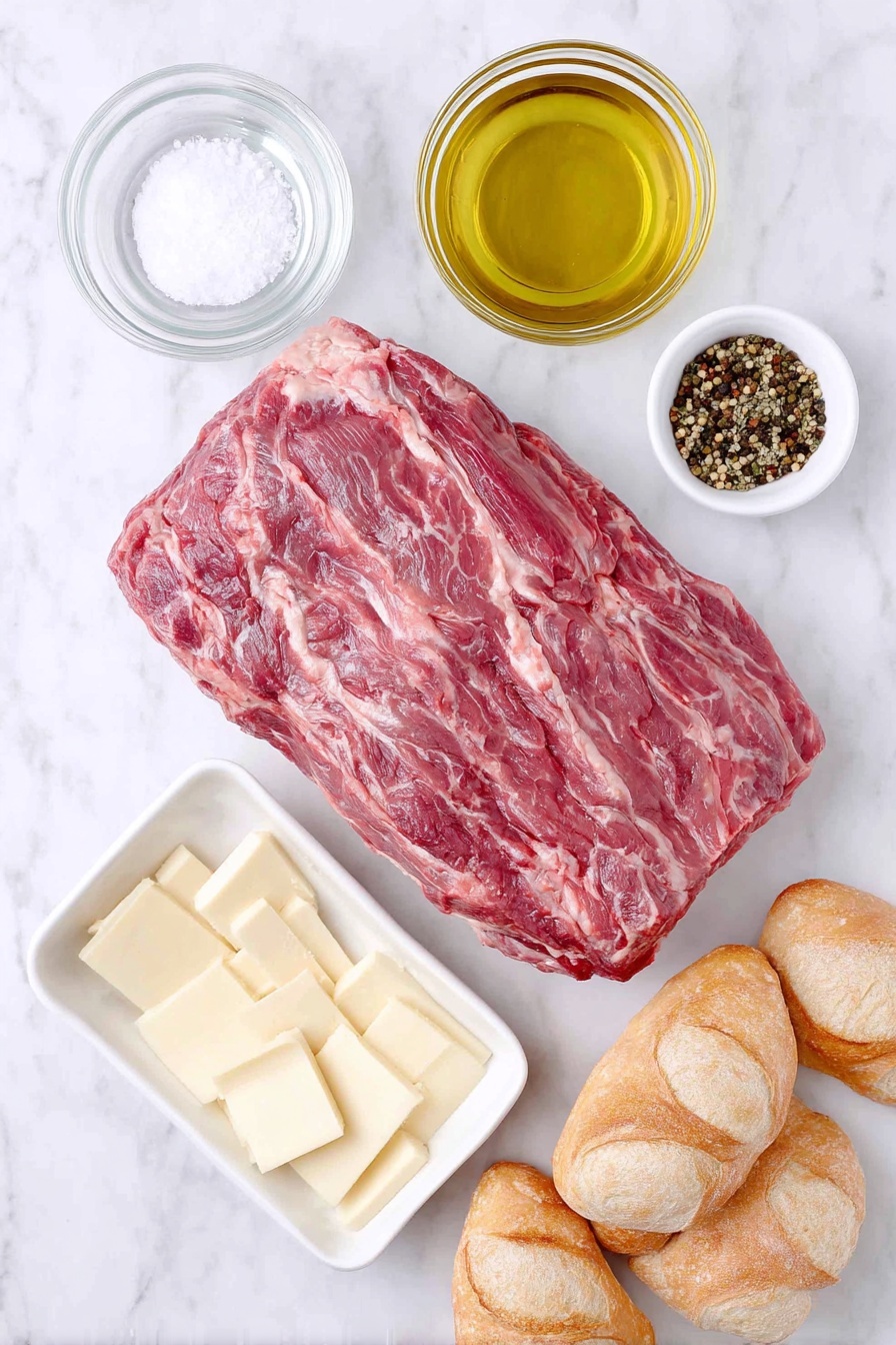 Flat lay of a fresh whole beef chuck roast, a small mound of kosher salt crystals, a small pile of coarsely ground black peppercorns, two unopened white ceramic bowls—one filled with golden olive oil and the other holding clear water, two simple white ceramic bowls each containing dark rich beef broth, a clean white ceramic dish with several slices of pale yellow Swiss cheese, and a cluster of rustic ciabatta rolls with crisp crust and airy interiors, all arranged in perfect symmetry placed on a clean white marble surface, soft natural light, photo taken with an iPhone, professional food photography style, fresh ingredients, white ceramic bowls, no bottles, no duplicates, no utensils, no packaging --ar 2:3 --v 7 --p m7354615311229779997