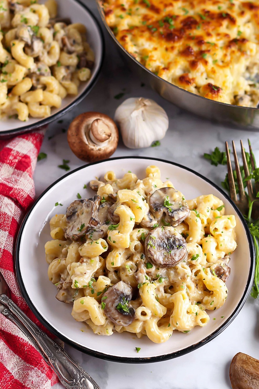 The image shows a close-up of cheesy pasta being lifted with a spoon from a black pan on a white marbled surface. The pasta is curly macaroni, covered in melted cheese that stretches in long strings as the spoon lifts a portion. The cheese is golden on top with browned spots and small green herb pieces sprinkled over it. Beneath the cheese layer, creamy pasta mixed with pieces of cooked meat is visible, creating a rich, textured look. In the blurred background, there is a green bell pepper and a hint of a checkered red and white cloth. Photo taken with an iphone --ar 2:3 --v 7