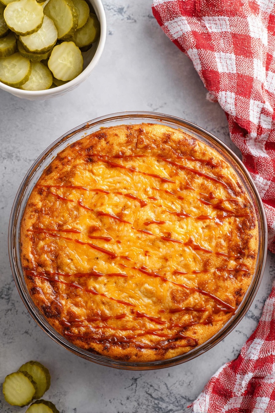 A round baked dish in a clear glass pie dish shows a golden brown, slightly bubbly top layer with orange and light brown tones from melted cheese and baked ingredients, with string-like cheese patterns visible across the surface. The dish is placed on a white marbled table. In the upper left corner, there is a white bowl filled with thinly sliced, light green pickles, and a few pickle slices are scattered nearby. In the lower right corner, a red and white checkered cloth is partially visible. photo taken with an iphone --ar 2:3 --v 7