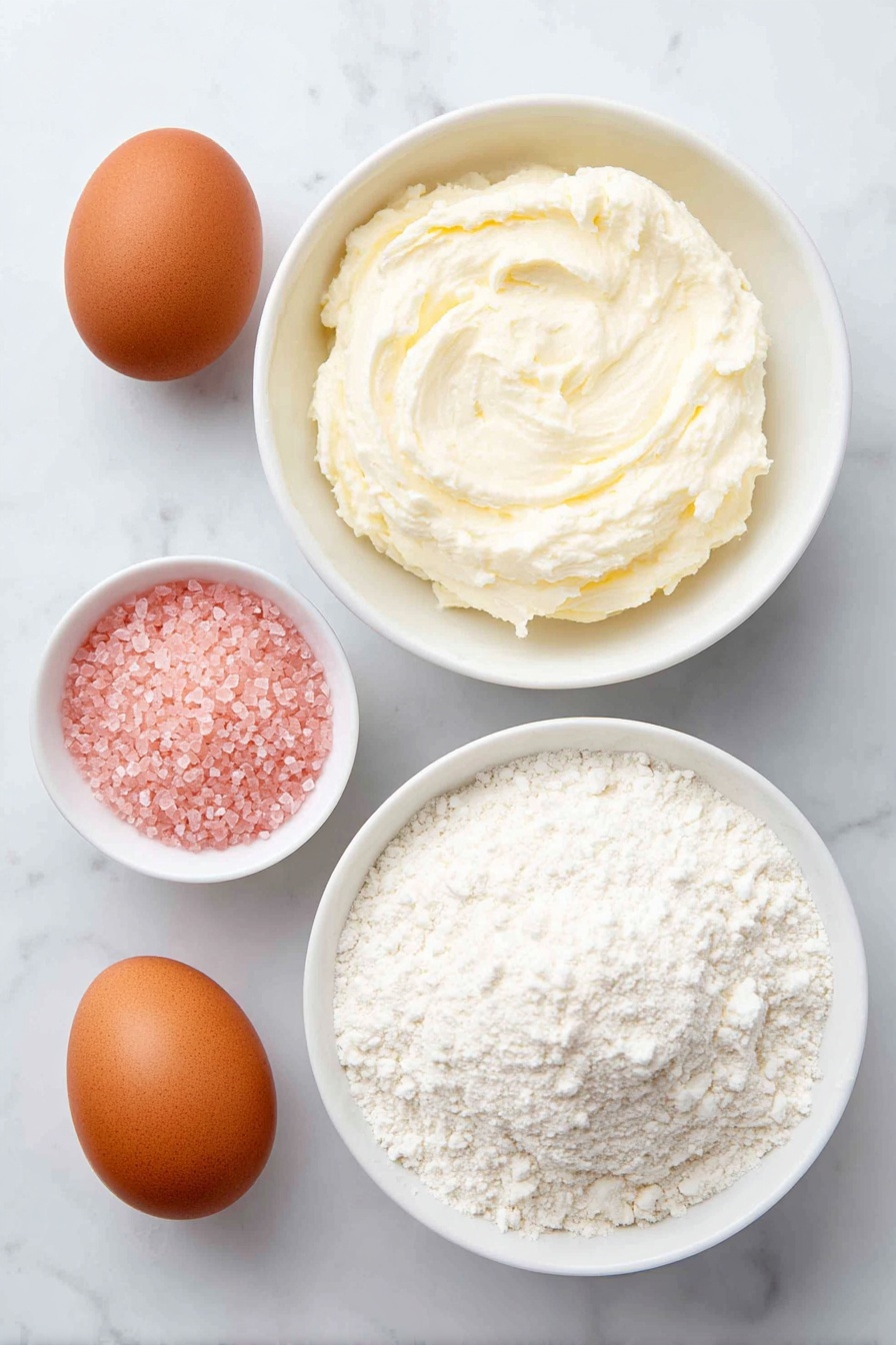 Flat lay of a simple white ceramic bowl of smooth cream cheese, one large brown egg with a clean shell, a small white bowl filled with pink sanding sugar crystals, a neat pile of unwrapped Hershey’s Strawberry Ice Cream Cone Kisses with shiny pink foil wrappers removed showing their glossy pink surface, and a simple white ceramic bowl holding plain sugar cookie mix, all arranged symmetrically in realistic proportions, placed on a clean white marble surface, soft natural light, photo taken with an iPhone, professional food photography style, fresh ingredients, white ceramic bowls, no bottles, no duplicates, no utensils, no packaging --ar 2:3 --v 7 --p m7354615311229779997