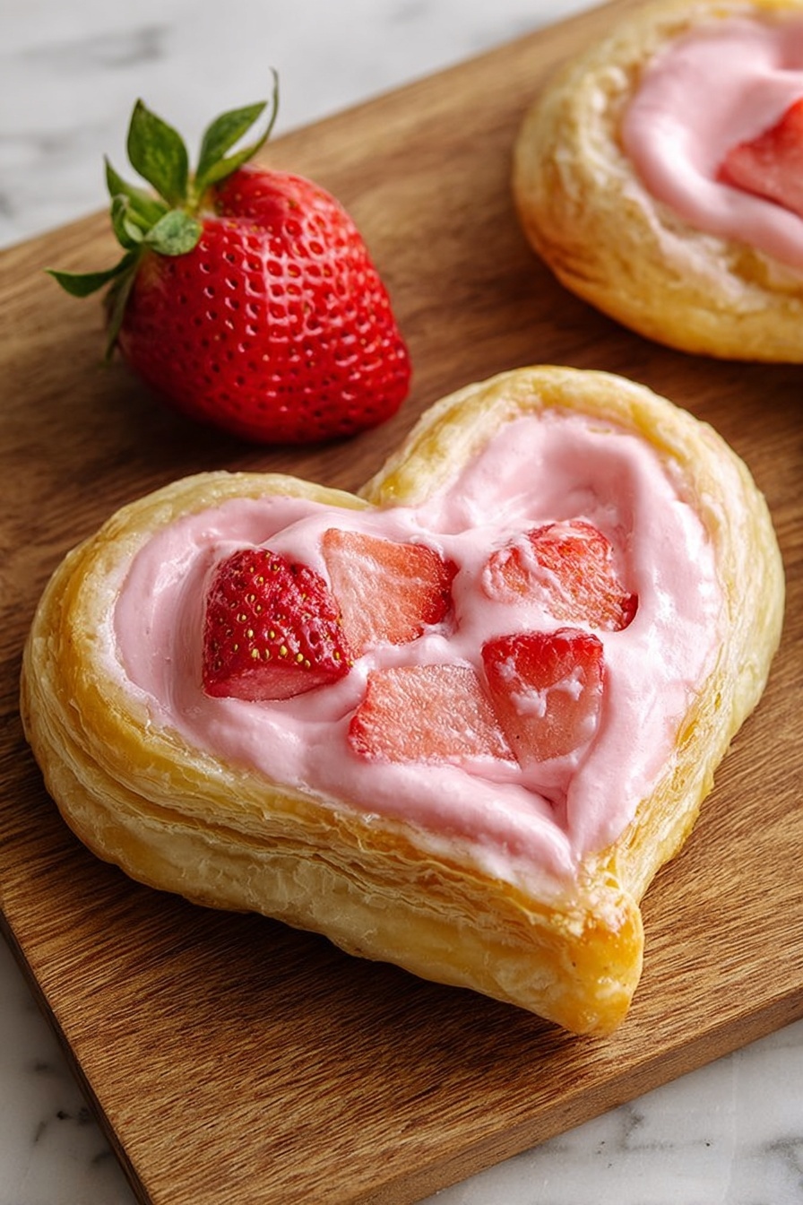 A heart-shaped pastry sits on a wooden board with a layer of golden, flaky crust forming the base. On top of the crust is a thick layer of smooth, pastel pink cream filling that fills the center of the heart, slightly cracked in some places. Embedded in the pink cream are small chunks of bright red strawberries, their textures juicy and detailed. Nearby, a whole fresh strawberry with green leaves adds a splash of natural color. The white marbled surface is faintly visible at the edge of the board. photo taken with an iphone --ar 2:3 --v 7