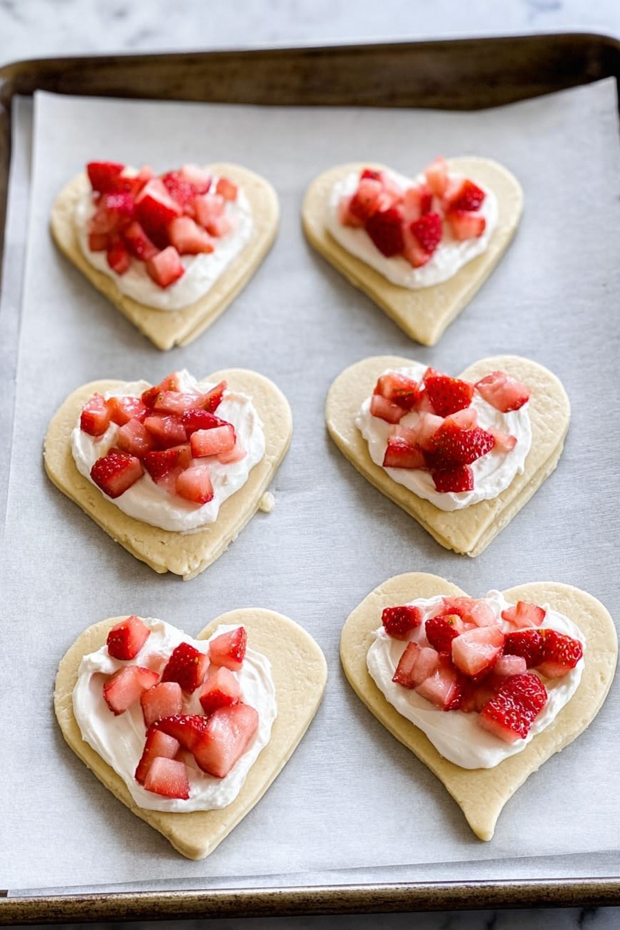A white plate holds eight heart-shaped pastries arranged in a loose circle and one more partially in view at the bottom. Each pastry has a golden-brown crust with a slightly raised edge, forming one layer, filled with bright red chopped strawberries filling the center layer, which looks juicy and fresh. The strawberries are glossy and unevenly sized, sitting on a pale creamy base that adds contrast to the red fruit. A light dusting of powdered sugar tops the pastries, adding a fine white texture. Around the plate, fresh whole strawberries with green leaves are scattered on a white marbled surface, along with a spoon of powdered sugar and a rich red cloth that adds a deep color contrast. The photo taken with an iphone --ar 2:3 --v 7