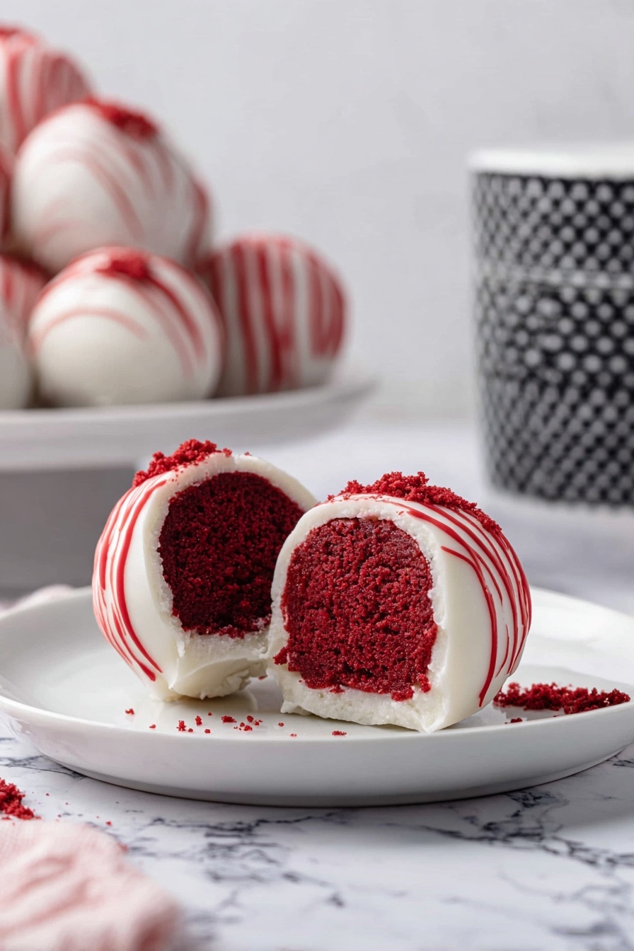 The image shows a white marbled surface with two metal baking trays on the top left and right. The tray on the left holds several round red dough balls evenly spaced, while the tray on the right has a single white dough ball near the bottom. Below the trays, there is a clear glass bowl filled with smooth white cream, and a single red dough ball is partially dipped into the cream at the center. A white and black striped cloth with a silver fork lies at the bottom left corner. The overall scene looks clean and bright, focusing on the process of dipping red dough balls into white cream. photo taken with an iphone --ar 2:3 --v 7