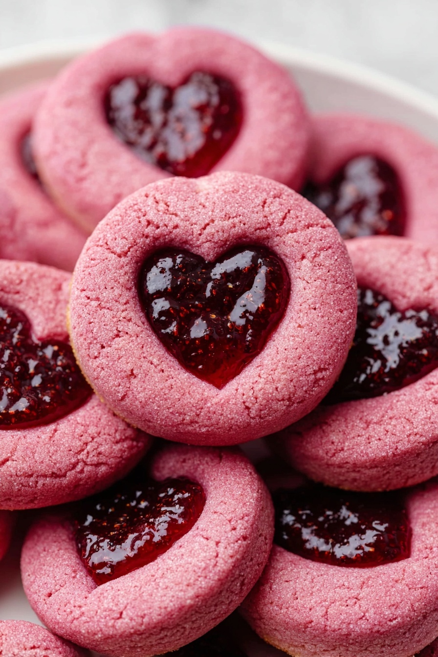 A close-up pile of round, pink cookies with two layers each; the base layer is soft and smooth with a light brown hint visible at the edge, while the top layer is bright pink and has a heart-shaped cut-out in the center filled with shiny, dark red fruit jam with a slightly chunky texture. The cookies are snugly stacked on a white plate, placed on a white marbled surface. The jam adds a glossy contrast to the matte cookie layers. photo taken with an iphone --ar 2:3 --v 7