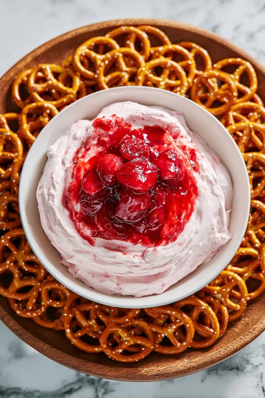A close-up top view of a white bowl filled with two layers of food placed on a round wooden tray, surrounded by a ring of small golden-brown pretzels. The bottom layer inside the bowl is light pink creamy dip with a soft, fluffy texture, and the top layer is bright red chunky sauce with visible pieces of fruit, giving a glossy look. The tray and bowl are set on a white marbled surface. photo taken with an iphone --ar 2:3 --v 7