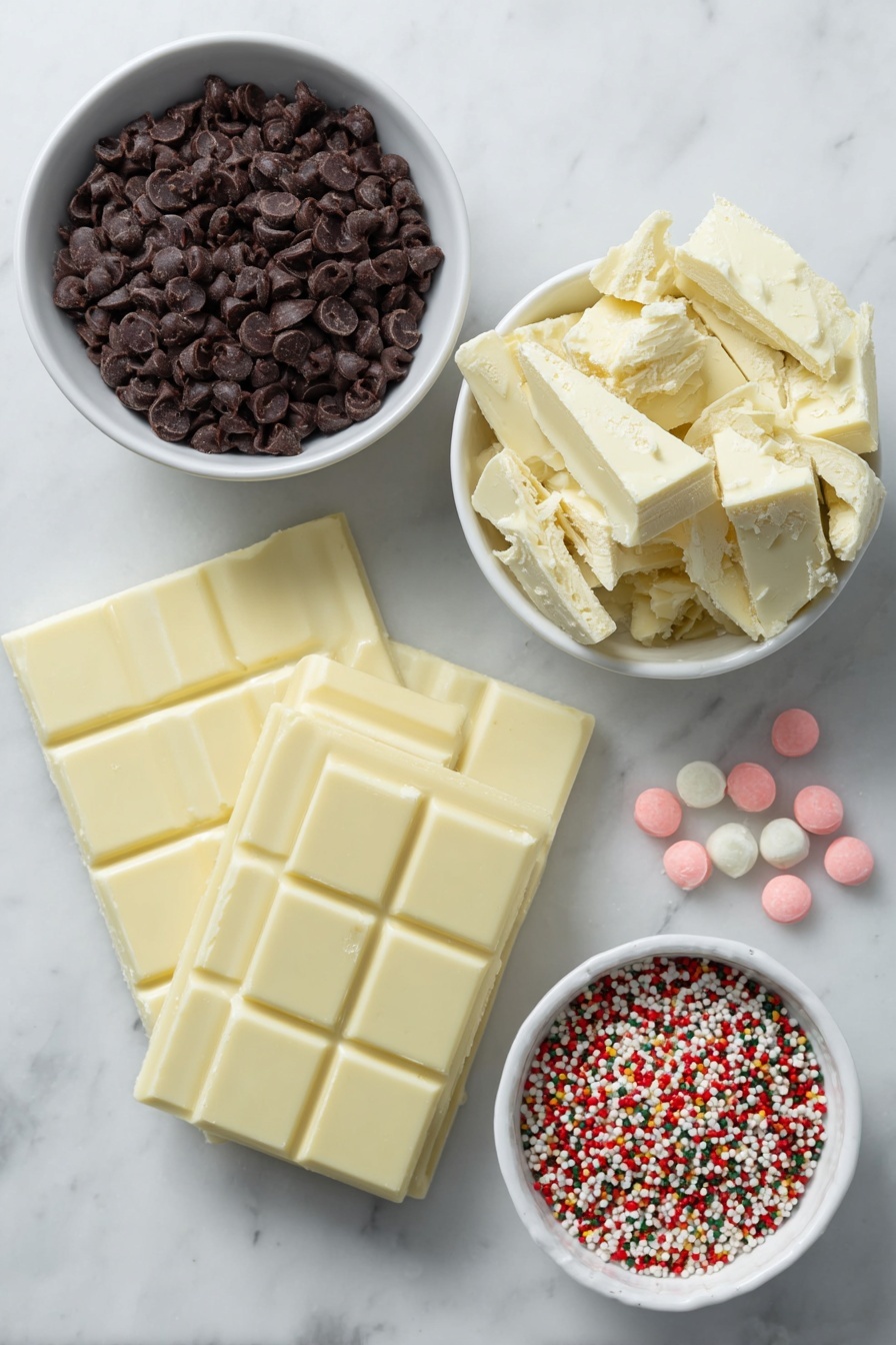 Flat lay of a small mound of glossy dark chocolate chips, three unwrapped white chocolate bars broken into rustic chunks, a simple white ceramic bowl filled with smooth pink candy melts, a few scattered Valentine’s Day themed candies in soft pastel colors, and a small white bowl heaped with colorful Valentine’s Day sprinkles, all placed on a clean white marble surface, soft natural light, photo taken with an iPhone, professional food photography style, fresh ingredients, white ceramic bowls, no bottles, no duplicates, no utensils, no packaging --ar 2:3 --v 7 --p m7354615311229779997