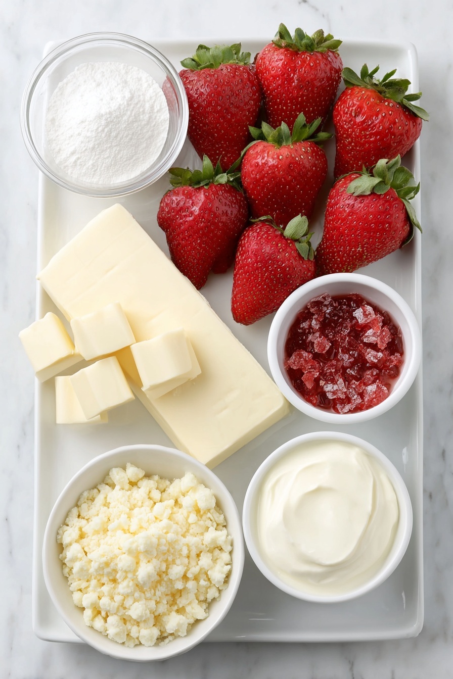 Flat lay of fresh large strawberries halved with green tops removed, a block of smooth cream cheese, a small white bowl of sifted powdered sugar, a small white bowl of heavy cream, a small white bowl containing melted unsalted butter, a small white bowl of vibrant red strawberry flavored gelatin powder, and a small white bowl filled with finely crushed golden Oreo cookie crumbs, all arranged in perfect symmetry on a clean white ceramic platter and simple white ceramic bowls, placed on a clean white marble surface, soft natural light, photo taken with an iPhone, professional food photography style, fresh ingredients, white ceramic bowls, no bottles, no duplicates, no utensils, no packaging --ar 2:3 --v 7 --p m7354615311229779997
