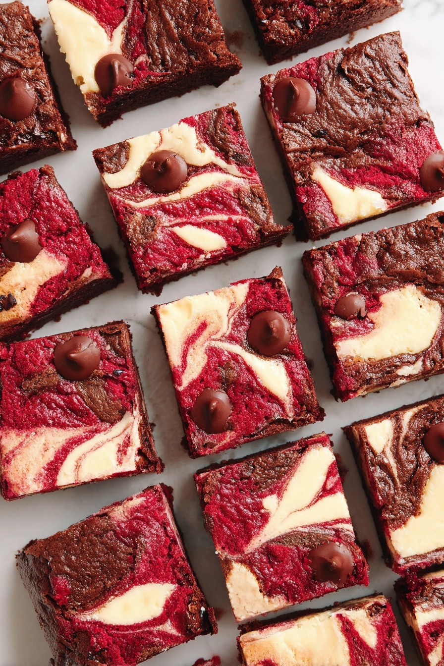 The image shows 16 square pieces of marbled brownies arranged neatly on a white marble surface. Each brownie has a deep red and dark brown swirled top layer with creamy white swirled patches of cheesecake. There are also small melted chocolate spots scattered on some brownies, adding shine and texture. The colors contrast well, with the red velvet base mingled with cheesecake swirls and chocolate accents, creating a rich and inviting look. Photo taken with an iphone --ar 2:3 --v 7