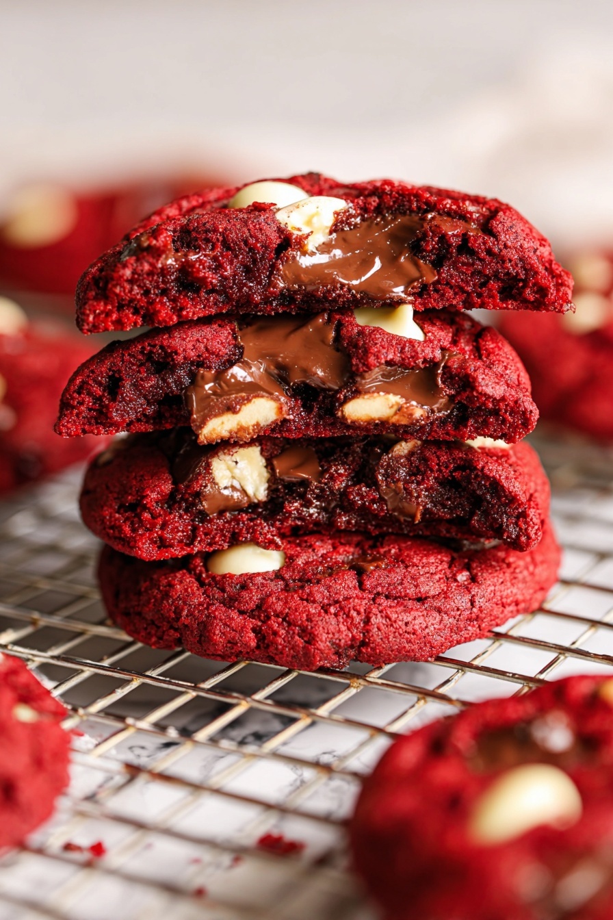 A wooden bowl sits on a white marbled surface, filled halfway with thick, deep red batter. On top of the batter, there is a mix of roughly chopped white and dark chocolate pieces scattered in the center. A red spatula with batter on it rests inside the bowl, positioned on the left side with its handle leaning outward. The bowl's interior shows streaks of the red batter around the edges, adding texture and color contrast. photo taken with an iphone --ar 2:3 --v 7