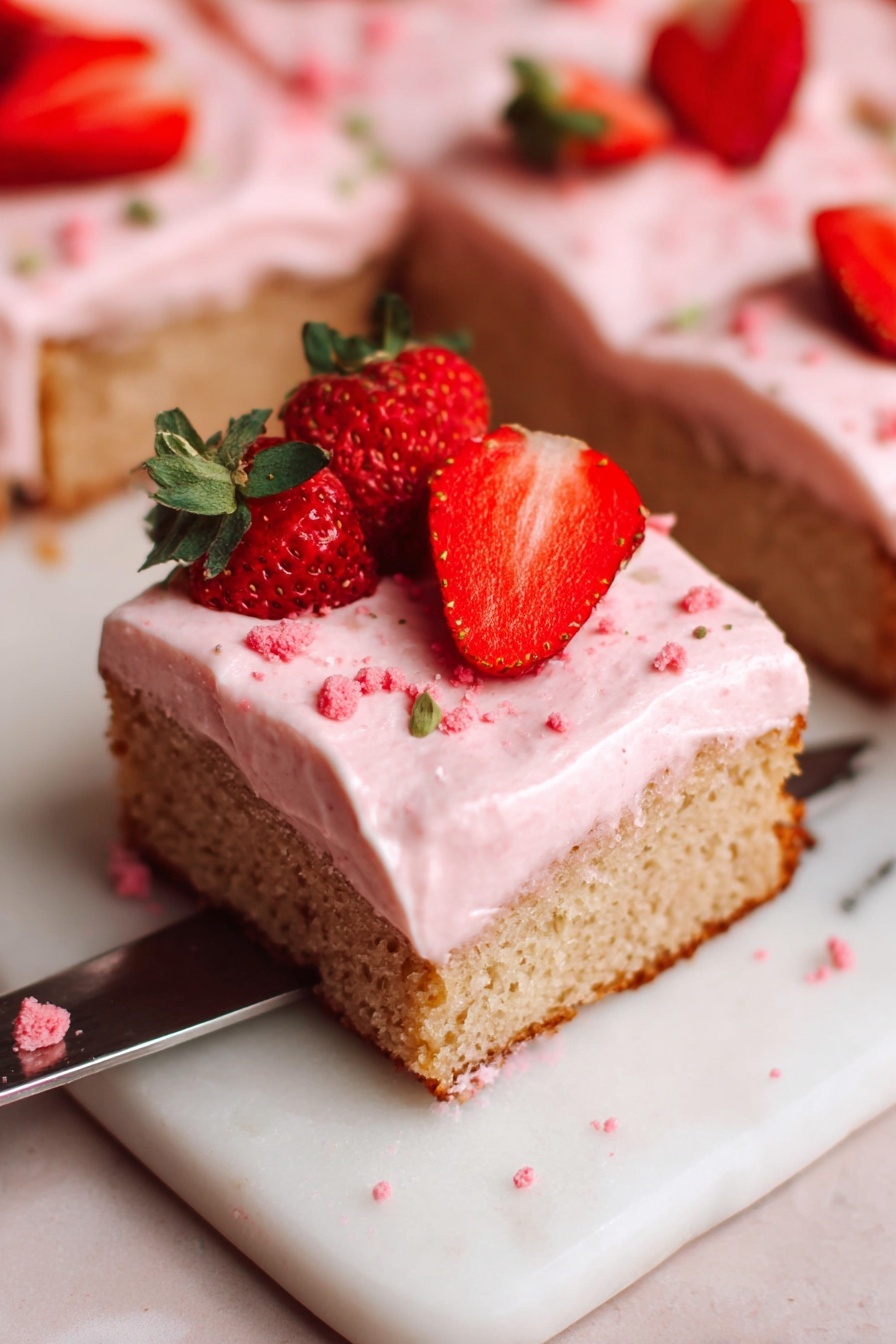 The image shows a slice of rectangular cake with two layers: a moist light brown base and a thick, smooth pale pink frosting on top. The cake slice is decorated with halved fresh strawberries placed partly on the frosting, adding red and green from the fruit’s leaves. Pink crumbs are sprinkled over the frosting for extra texture. The slice is lifted slightly by a knife under it on a white marbled surface, with more cake slices visible in the background. Photo taken with an iphone --ar 2:3 --v 7