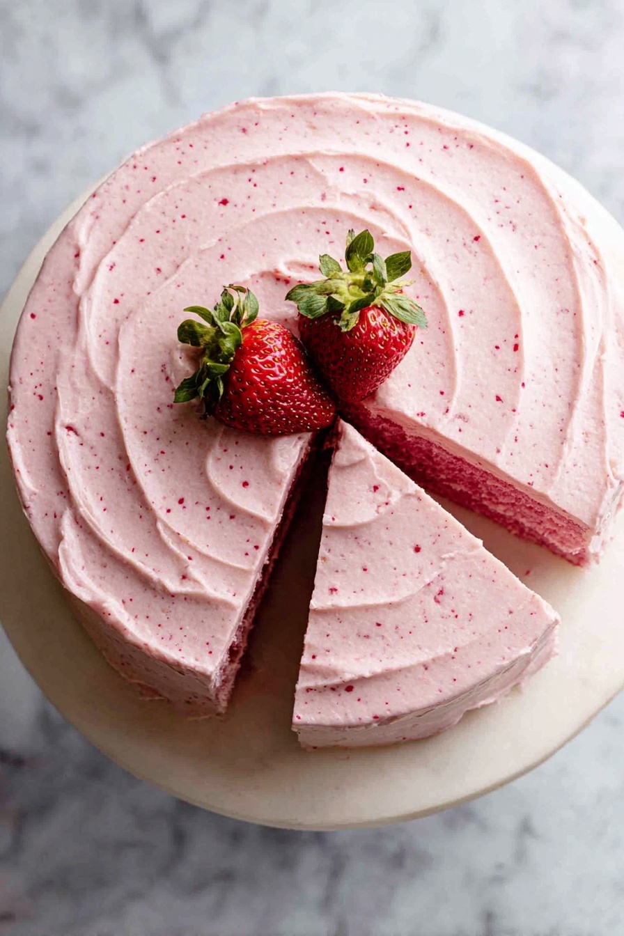 A round two-layer cake with smooth, creamy pink frosting that has small red specks all over it. The frosting swirls gently on top with visible soft peaks. Two fresh strawberries with green leaves sit in the center of the cake. One slice is cut and slightly pulled out, showing a dark brown layer inside that contrasts with the bright pink frosting. The cake rests on a white plate with a white marbled surface underneath. photo taken with an iphone --ar 2:3 --v 7