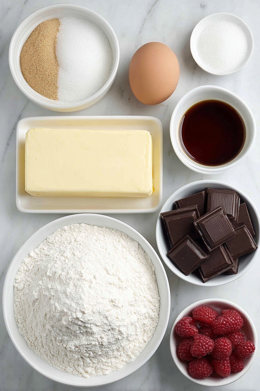 Flat lay of a small block of unsalted butter, a small mound of packed light brown sugar, a small pile of granulated sugar, a small white bowl of pure vanilla extract, one large whole egg with a clean shell, a small heap of all-purpose flour, a pinch of baking soda and baking powder each arranged delicately as fine white powders, a pinch of salt, a small white bowl filled with bittersweet chocolate chunks, a small white bowl containing flash frozen fresh raspberries, all ingredients neatly spaced and symmetrically placed on a simple white ceramic surface, placed on a clean white marble surface, soft natural light, photo taken with an iPhone, professional food photography style, fresh ingredients, white ceramic bowls, no bottles, no duplicates, no utensils, no packaging --ar 2:3 --v 7 --p m7354615311229779997