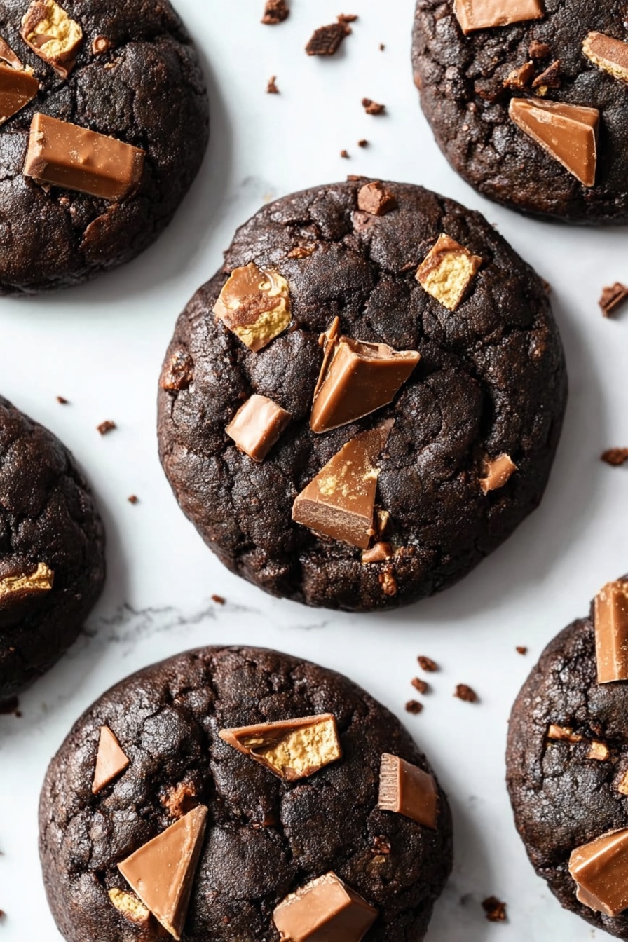 The image shows five round, thick dark chocolate cookies topped with broken pieces of light brown and milk chocolate scattered on each one. The cookies have a slightly rough texture with some cracks visible on the surface. The cookies sit directly on a white marbled texture background with small bits of chocolate crumbs around them. Photo taken with an iphone --ar 2:3 --v 7
