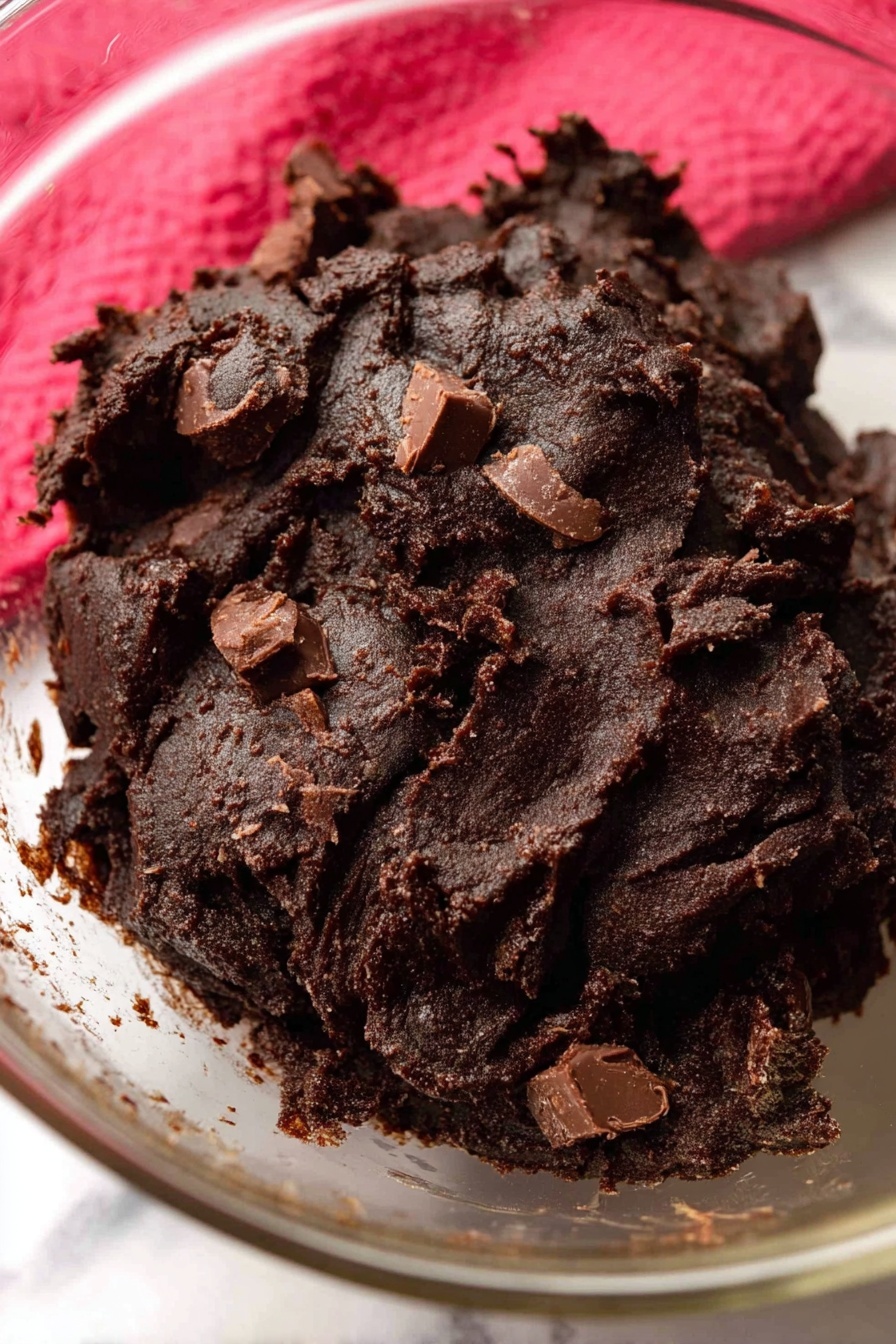A close-up of three large chocolate cookies stacked one on top of another, each cookie thick and dark brown with a moist texture, showing spots of melted light brown caramel and milk chocolate chips inside. The cookies have rough, crumbly edges and a rich, dense inside with a mix of gooey and solid textures. Some crumbs and small broken bits lie around the base on a white marbled surface, and the background is dark black that makes the cookies stand out. Photo taken with an iphone --ar 2:3 --v 7