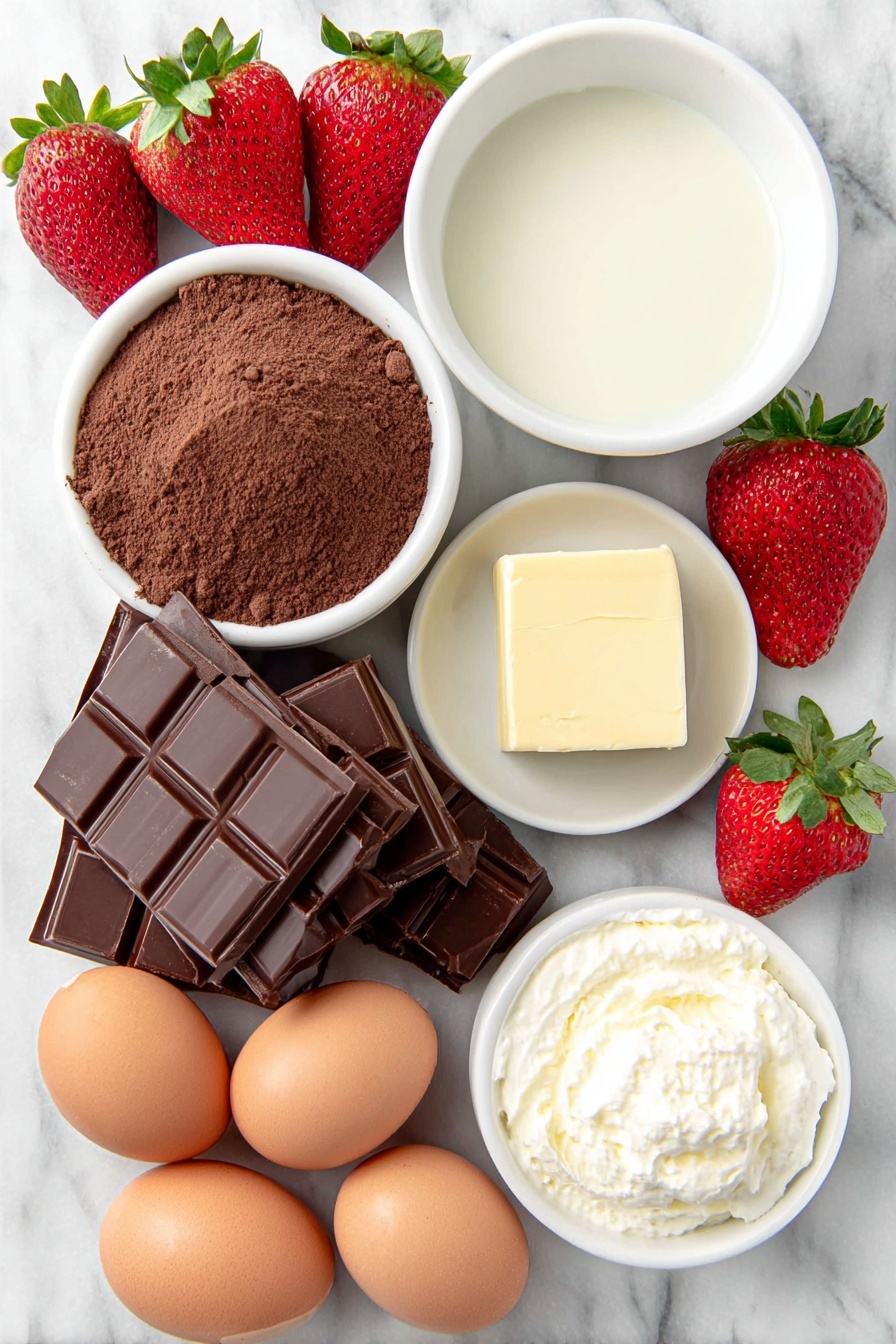 Flat lay of a small mound of fine dark brown cocoa powder, a simple white ceramic bowl filled with smooth whole milk, a small white bowl holding glossy vegetable oil, two large brown eggs with clean uncracked shells, a handful of fresh strawberries halved to show their juicy red interiors with green leafy caps, several thick bars of rich semi-sweet baking chocolate stacked neatly, a small white bowl filled with thick heavy whipping cream, and a small square of salted butter on a white ceramic plate, all arranged with perfect symmetry and balanced proportions, placed on a clean white marble surface, soft natural light, photo taken with an iPhone, professional food photography style, fresh ingredients, white ceramic bowls, no bottles, no duplicates, no utensils, no packaging --ar 2:3 --v 7 --p m7354615311229779997