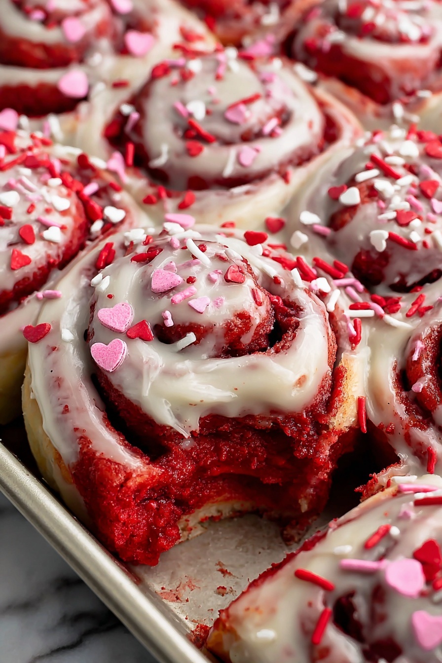 A close-up view of a tray filled with bright red cinnamon rolls, each roll showing multiple swirled layers of soft, red dough with a darker red filling. The tops are covered in smooth, creamy white icing that drips slightly down the sides. Pink, red, and white heart-shaped and rod sprinkles are scattered evenly over the icing, adding a festive touch. One cinnamon roll near the center is slightly pulled apart, showing the fluffy inside texture and filling more clearly. The tray sits on a white marbled surface. Photo taken with an iphone --ar 2:3 --v 7