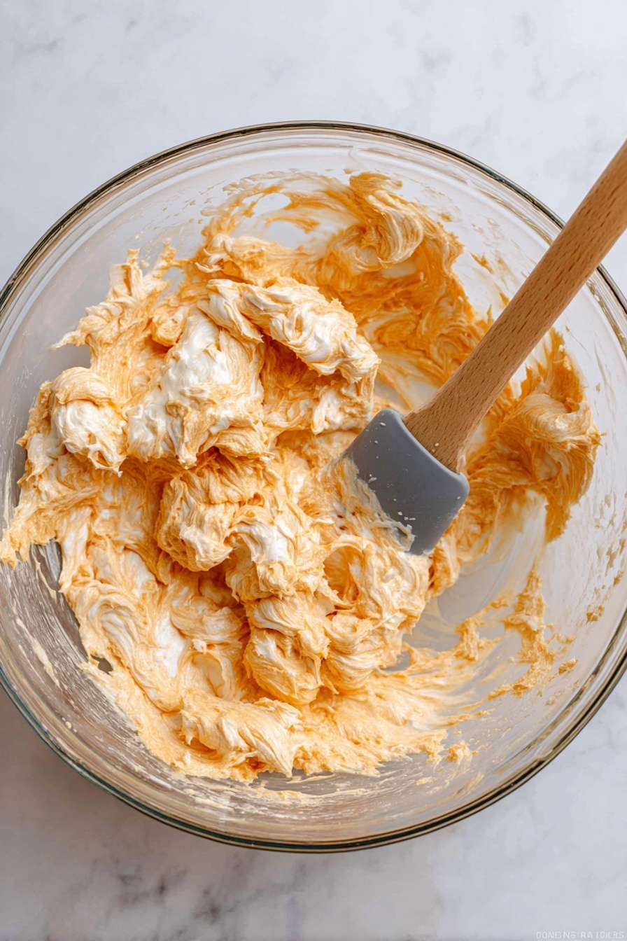 The image shows several jalapeño peppers sliced in half lengthwise, each filled with a golden-yellow, slightly browned cheese layer that looks melted and bubbly. The stuffed peppers are wrapped with crispy, light brown bacon strips secured with small wooden toothpicks. The peppers' green skins contrast with the warm orange and yellow shades of melted cheese and browned edges of bacon. All the jalapeños are laid out closely on a white plate with soft dark specks, placed on a white marbled surface. The lighting highlights the textures of the melting cheese and crispy bacon photo taken with an iphone --ar 2:3 --v 7