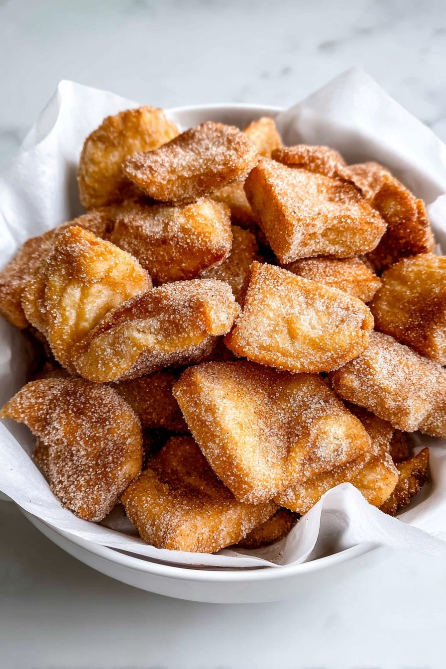 A white bowl filled with many small pieces of golden-brown fried dough, each piece coated evenly with a light dusting of cinnamon sugar. The dough pieces have a rough, slightly crispy texture with visible layers and folds, some puffed up more than others. The dough looks soft inside with a crunchy outside, and the bowl is lined with white parchment paper. The bowl sits on a white marbled surface. photo taken with an iphone --ar 2:3 --v 7
