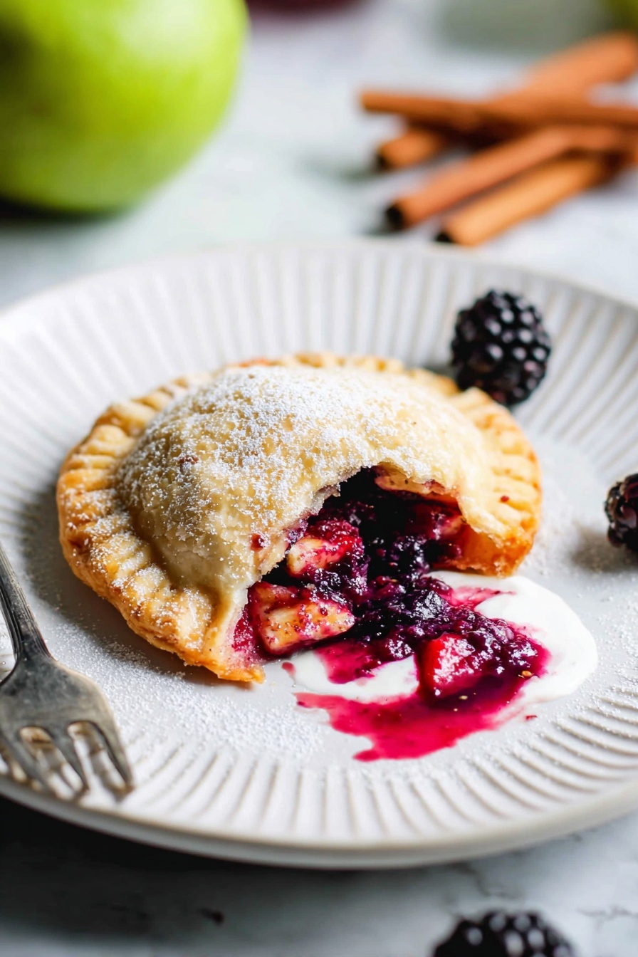 The image shows a baking tray lined with parchment paper placed on a white marbled surface, with four large round pieces of raw dough on it. Each dough circle is pale cream-colored and smooth, with a middle layer of small fruit chunks, mostly blackberries and diced apples, mixed and coated in a dark red syrup, sitting neatly in the center. The fruit mixture has a glossy texture, slightly spilling over the dough edges. In the lower part of the image, a corner of a white cloth napkin and part of a turquoise baking dish with a silver spoon resting in it are visible, containing leftover fruit pieces and syrup. photo taken with an iphone --ar 2:3 --v 7