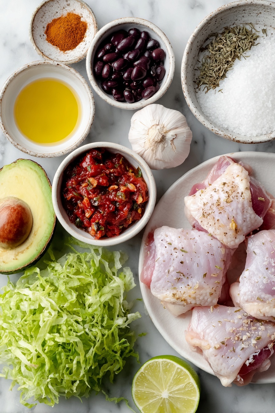 Flat lay of raw boneless skinless chicken thighs, three whole garlic cloves with clean skins, a small white bowl of coarse kosher salt, a small white bowl of whole black peppercorns, a small white bowl of deep red chipotle peppers in adobo sauce, a small white bowl of reddish ancho chile powder, a small white bowl of warm brown ground cumin, a small white bowl of dried oregano leaves, a small white bowl of golden olive oil, one whole lime with bright green skin, a neat mound of fluffy white cooked rice on a white ceramic plate, a small white bowl of glossy black beans, a small pile of shredded fresh green lettuce leaves, thin slices of ripe avocado fanned out on a white plate, a small white bowl of chunky red salsa placed in perfect symmetry, all ingredients fresh and natural, perfectly balanced and symmetrical in composition -- placed on a clean white marble surface, soft natural light, photo taken with an iPhone, professional food photography style, fresh ingredients, white ceramic bowls, no bottles, no duplicates, no utensils, no packaging --ar 2:3 --v 7 --p m7354615311229779997