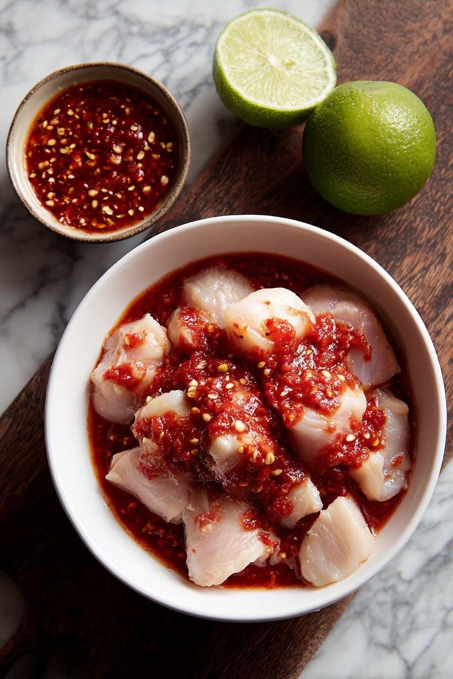 The image shows two wooden skewers on a white plate, each loaded with three layers of grilled chicken pieces glazed with a shiny brown sauce and sprinkled with white sesame seeds. Between the chicken chunks are colorful layers of charred yellow pineapple cubes, bright red bell pepper pieces, and purple onion slices, all slightly burnt at the edges for a smoky look. On the left side of the plate is a serving of plain white rice with a fluffy texture. The plate sits on a white marbled surface, and a pair of wooden chopsticks with blue designs rests to the right. Photo taken with an iphone --ar 2:3 --v 7