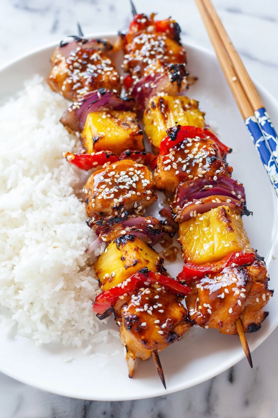 The left side shows a white bowl filled with raw chicken pieces covered in a thick red sauce with visible bits of garlic. The bowl sits on a dark wooden surface next to a lime and a small bowl of sauce. The right side shows five metal skewers on a white tray, each skewer layered with bright yellow pineapple chunks, dark red onion slices, green and red bell pepper pieces, and glazed chicken pieces. Around the tray, there are extra pieces of bell pepper, pineapple, a half lime, and a small bowl of sauce. The scene has a white marbled surface underneath. Photo taken with an iphone --ar 2:3 --v 7