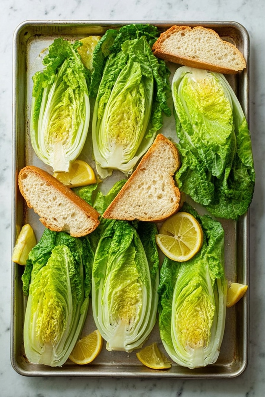 A white plate holds two halves of grilled romaine lettuce, showing light brown char marks on their bright green leaves covered with a creamy white dressing and small white grated cheese sprinkled on top. Around the lettuce pieces are irregular, golden toasted bread cubes. One grilled lemon half with a bright orange, slightly caramelized surface rests near the bottom edge. In the blurred background, there is a white bowl with more grilled romaine and bread cubes on a white marbled surface. A woman's hand is holding a black fork with a gold handle placed near the plate. photo taken with an iphone --ar 2:3 --v 7