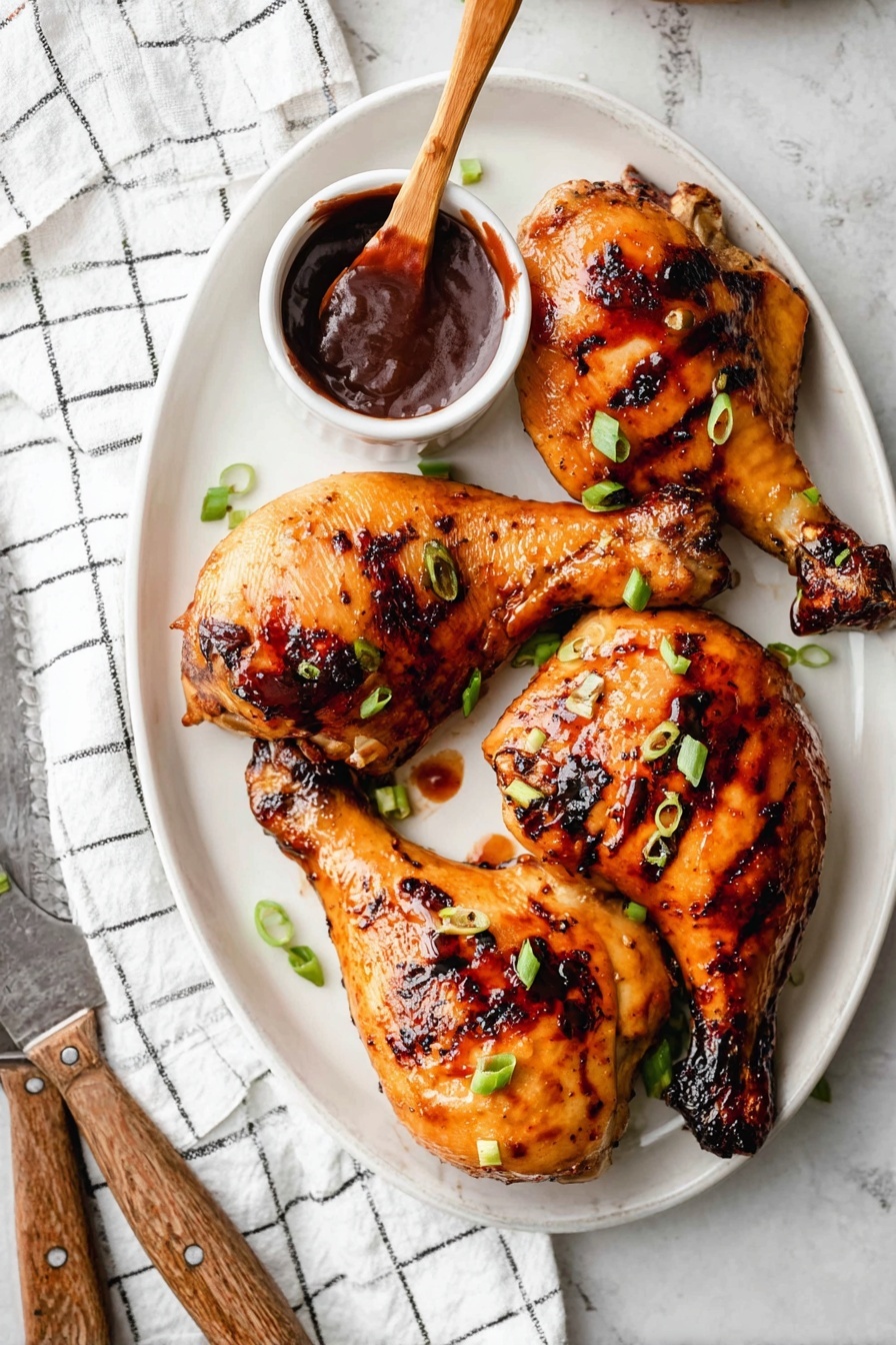 The image shows a white oval plate with three large grilled chicken halves arranged touching each other. Each chicken half has a shiny golden brown skin with darker grilled spots and is topped with small green onion slices scattered unevenly over the surface. On the upper left side of the plate, there is a small white cup filled with dark brown barbecue sauce, and a wooden spoon rests inside the cup. The plate sits on a white marbled surface with a folded white cloth with black grid lines partly underneath the plate. Nearby, two vintage knives with wooden handles lie on the cloth near the bottom left corner. photo taken with an iphone --ar 2:3 --v 7