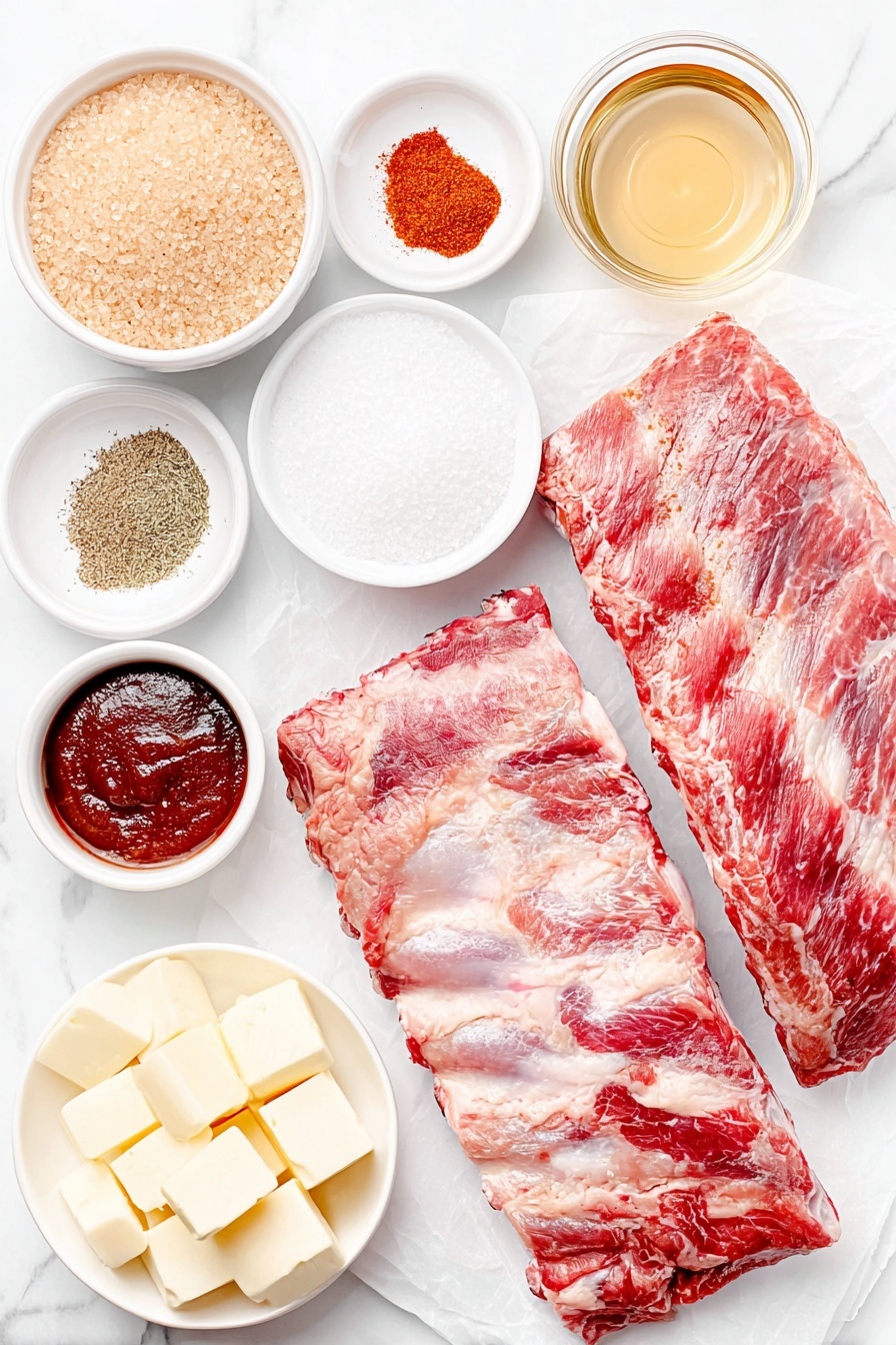 Flat lay of two fresh racks of baby back ribs with visible marbling and bone ends, a small white ceramic bowl filled with packed light brown sugar crystals, a small white ceramic bowl of coarse kosher salt, a small white ceramic bowl containing freshly ground black pepper, a small white ceramic bowl of vibrant red chili powder, a small white ceramic bowl with pale granulated garlic powder, a small white ceramic bowl holding light beige granulated onion powder, a small white ceramic bowl of deep red smoked paprika powder, a small white ceramic bowl filled with thick, glossy reddish-brown barbecue sauce, a small white ceramic bowl containing pale golden apple cider, a small white ceramic bowl of clear to slightly amber apple cider vinegar, and a few small cubes of rich yellow butter arranged neatly on a simple white ceramic dish, all placed on a clean white marble surface, soft natural light, photo taken with an iPhone, professional food photography style, fresh ingredients, white ceramic bowls, no bottles, no duplicates, no utensils, no packaging --ar 2:3 --v 7 --p m7354615311229779997