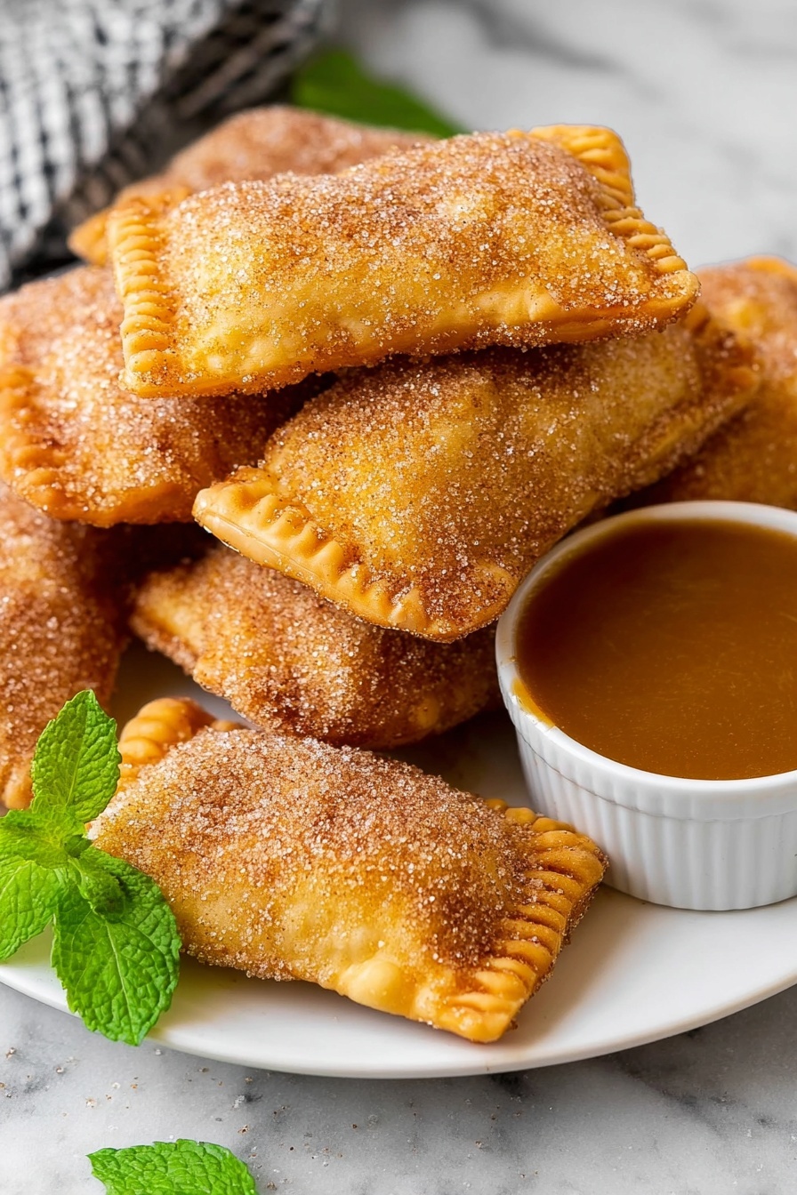 A white plate holds seven golden-brown, rectangular fried pastries stacked unevenly, each coated with a sugar and cinnamon mix that gives a slightly rough texture. The pastries have crimped edges with visible ridges, and their surface looks crispy and lightly bubbled. On the right side of the plate, there is a small white bowl filled with smooth caramel sauce, showing a shiny, glossy surface. A few fresh green mint leaves rest near the pastries for a touch of color, and the plate sits on a white marbled textured surface. photo taken with an iphone --ar 2:3 --v 7