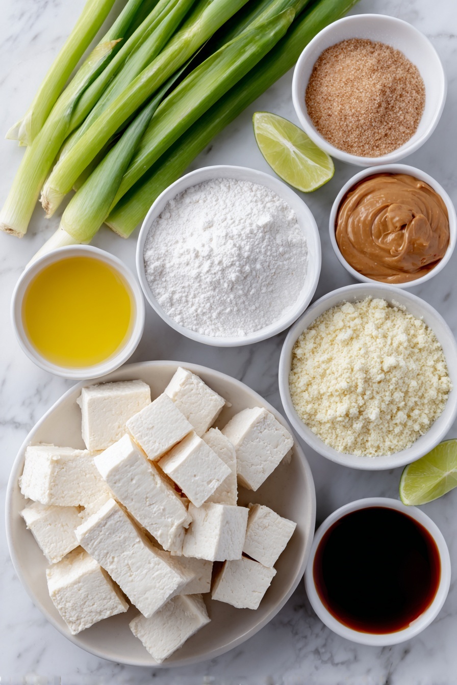 Flat lay of super firm tofu cubes, glossy golden oil in a small white bowl, a small white bowl filled with fine pale cornstarch, a small white bowl with creamy peanut butter, a small white bowl holding dark soy sauce, a small white bowl with golden brown sugar, a small white bowl containing fresh lime juice, and fresh green onion stalks placed neatly, all arranged with perfect symmetry on a clean white marble surface, soft natural light, photo taken with an iPhone, professional food photography style, fresh ingredients, white ceramic bowls, no bottles, no duplicates, no utensils, no packaging --ar 2:3 --v 7 --p m7354615311229779997